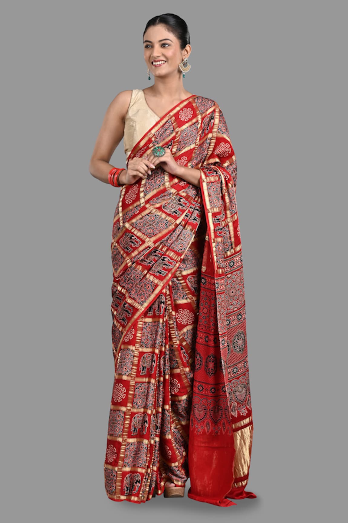 Zal From Benaras Bandhej Patola Handloom Saree With Unstitched Blouse Piece