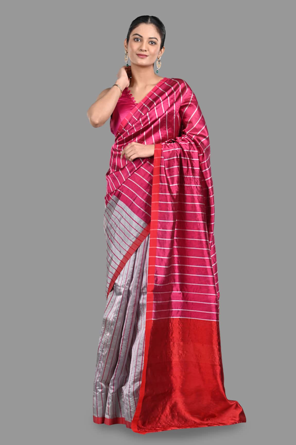 Zal From Benaras Stripe Pattern Handloom Saree With Unstitched Blouse Piece