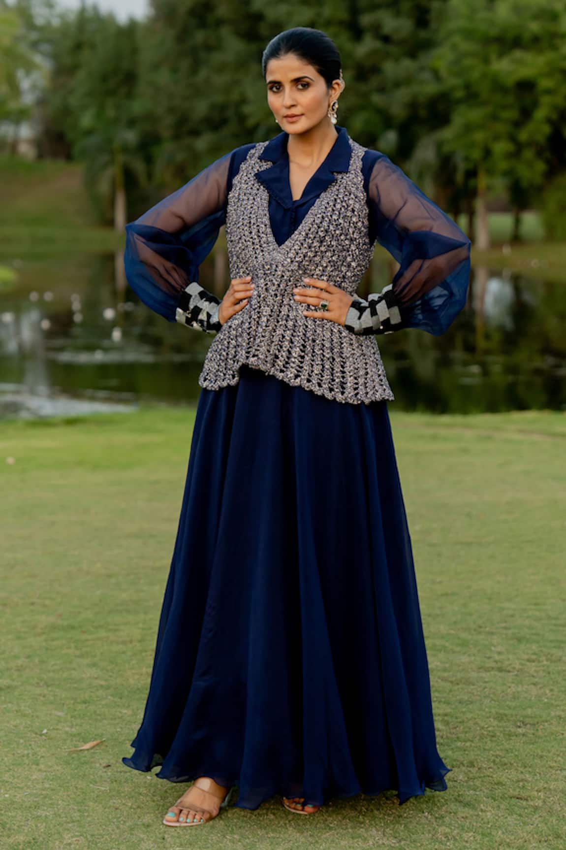 Nikita Vishakha Cuff Hand Embroidered Flared Gown With Peplum Jacket