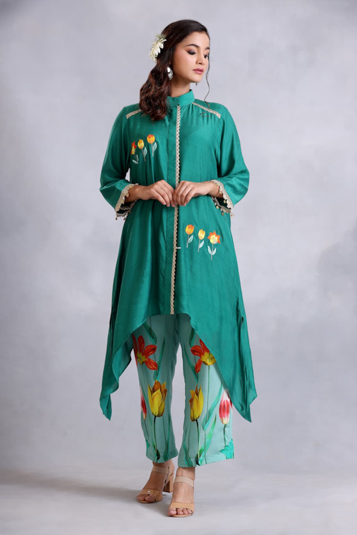 Radhika Jindal Floral Pattern Asymmetric Hem Kurta & Pant Set