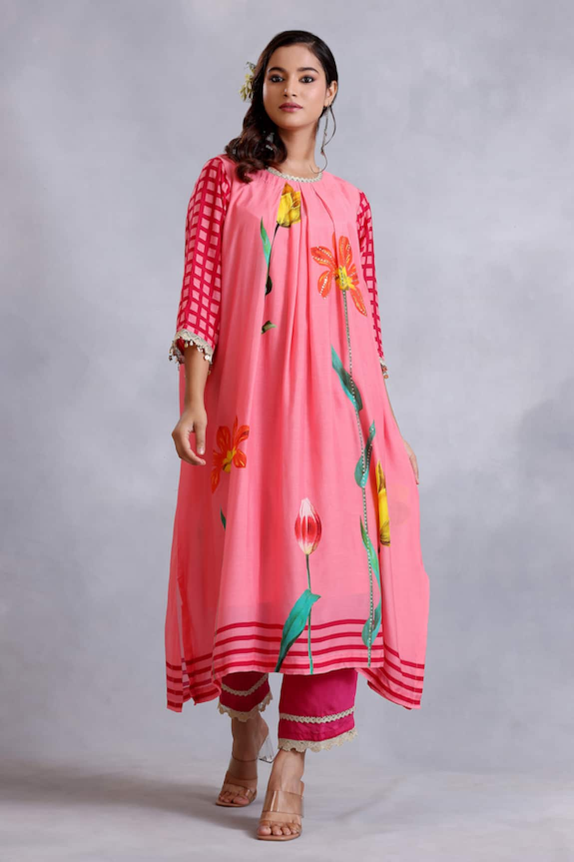 Radhika Jindal Floral Pattern Pleated Kurta Pant Set