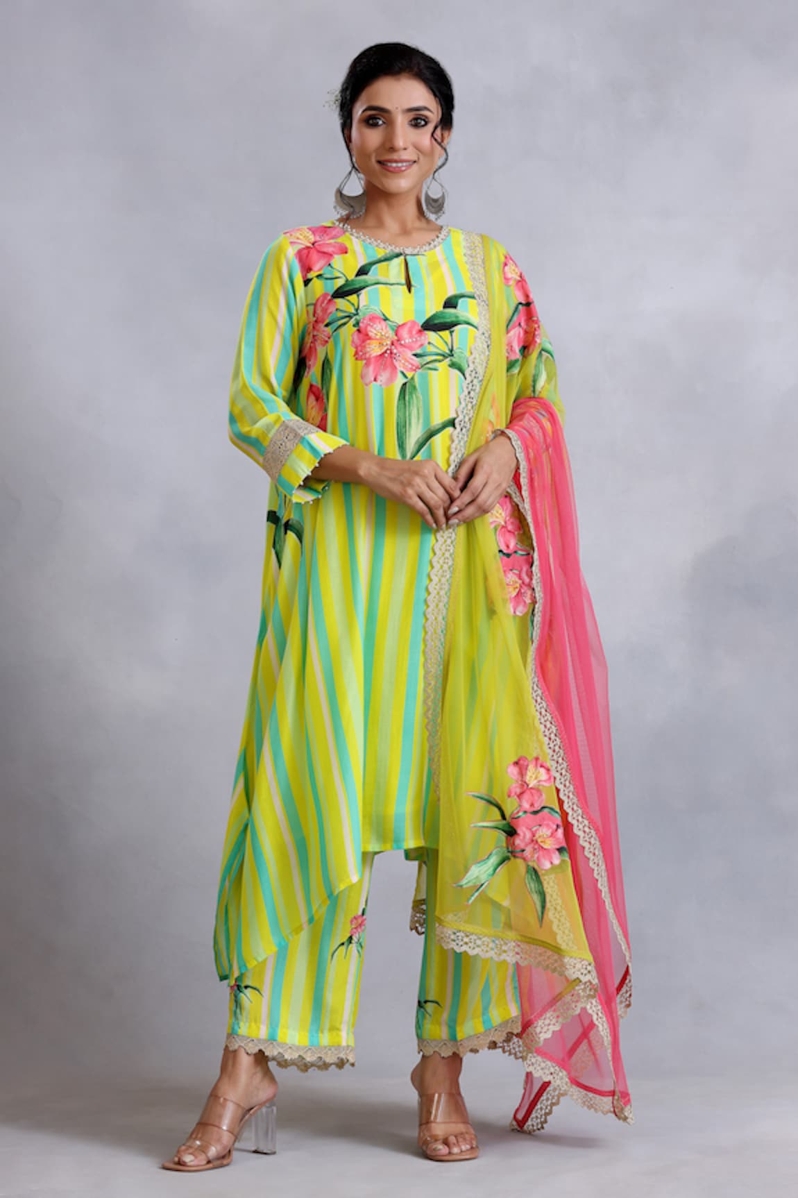 Radhika Jindal Floral Stripe Pattern Lace Embroidered Kurta Pant Set