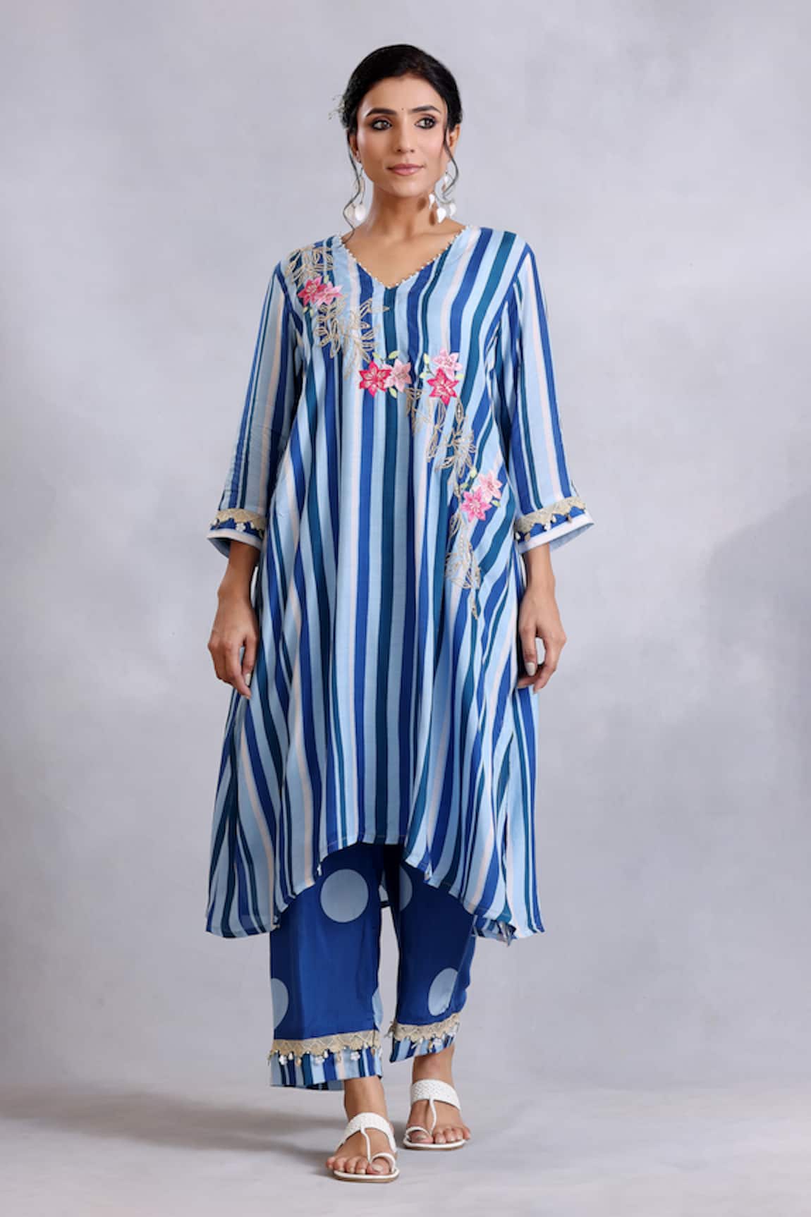 Radhika Jindal Asymmetric Floral Embroidered Kurta Pant Set