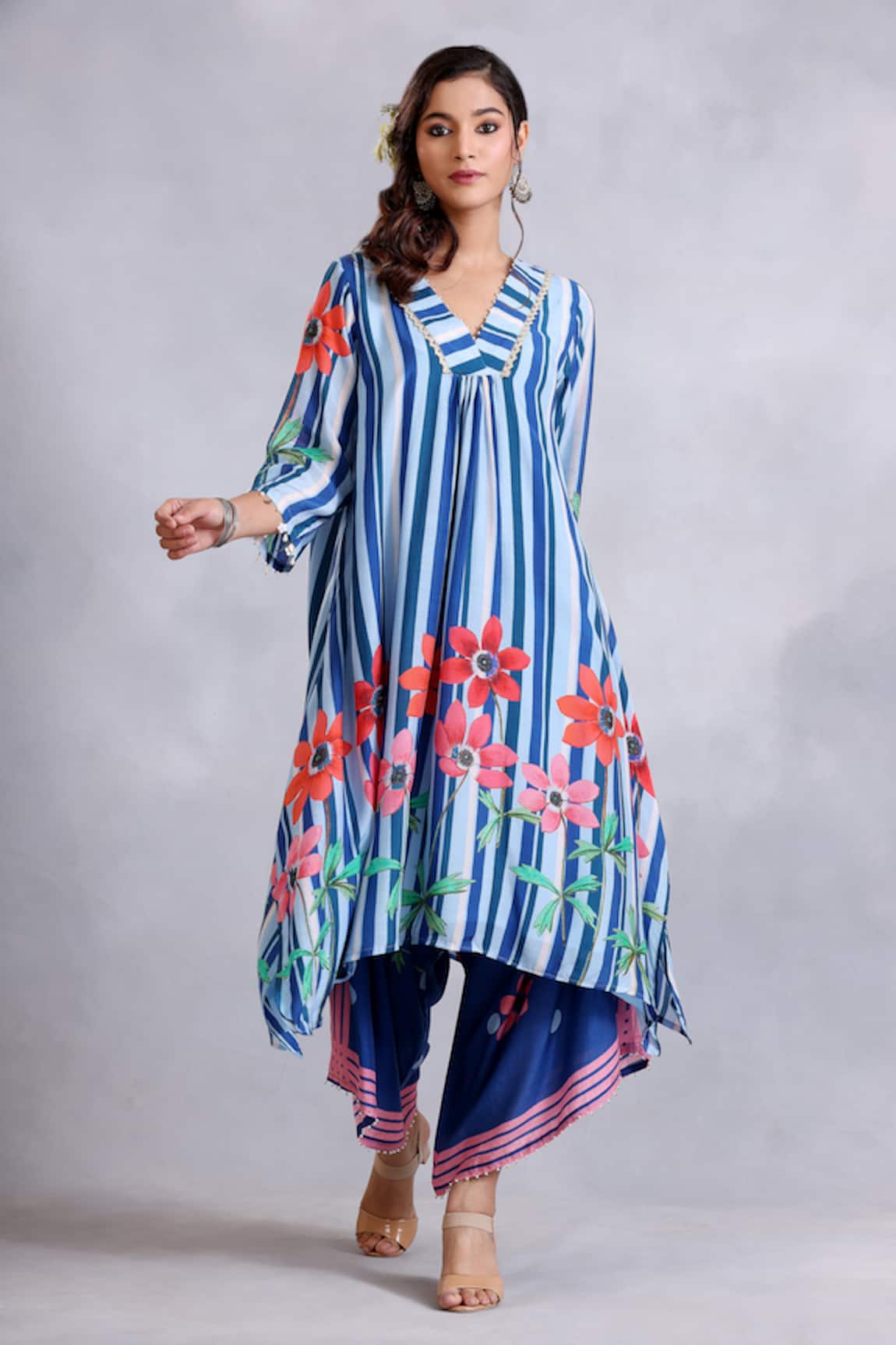 Radhika Jindal Asymmetric Floral Pattern Laced Kurta Pant Set