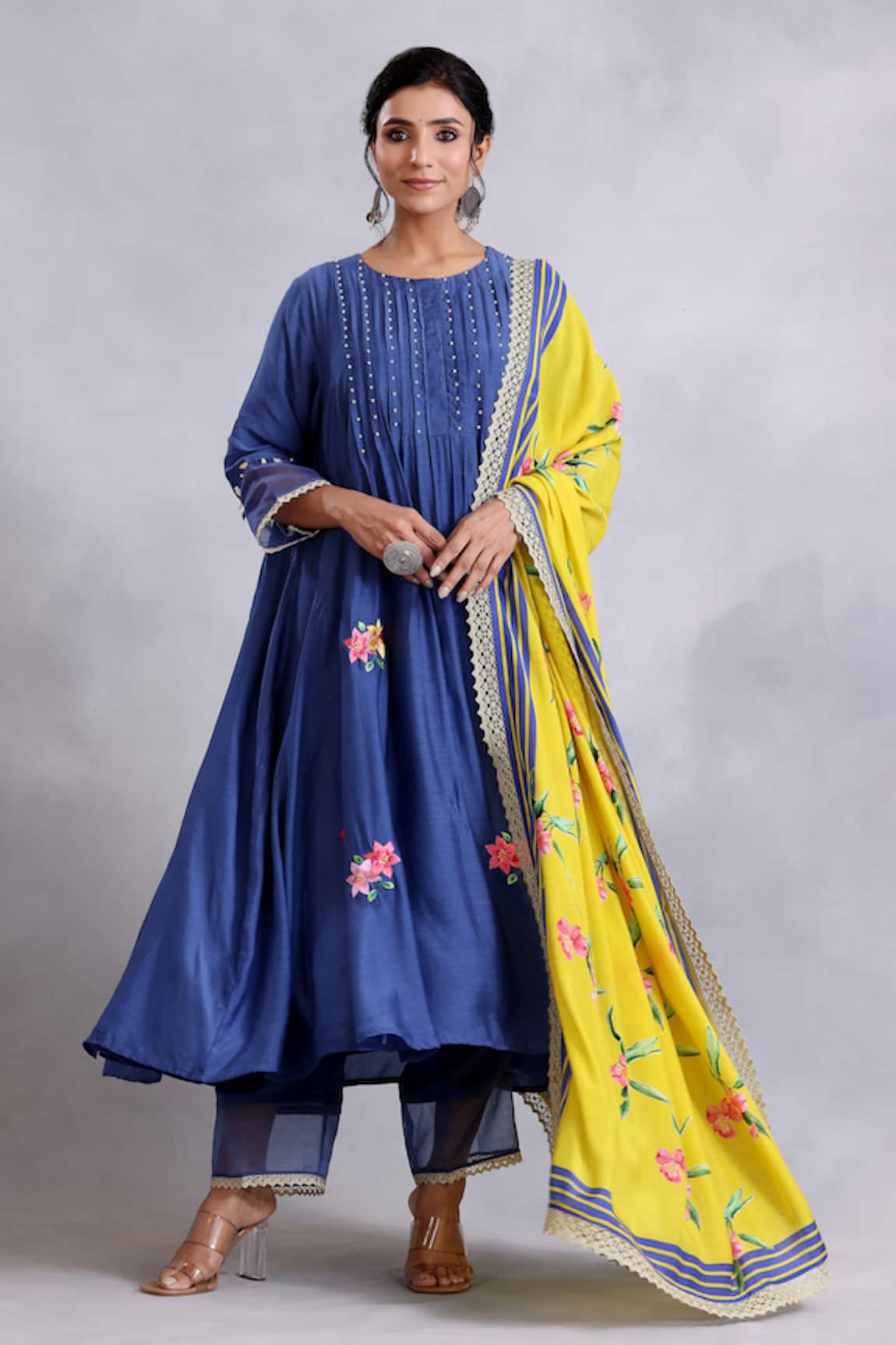 Radhika Jindal Floral Embroidered Pintucked Anarkali Pant Set