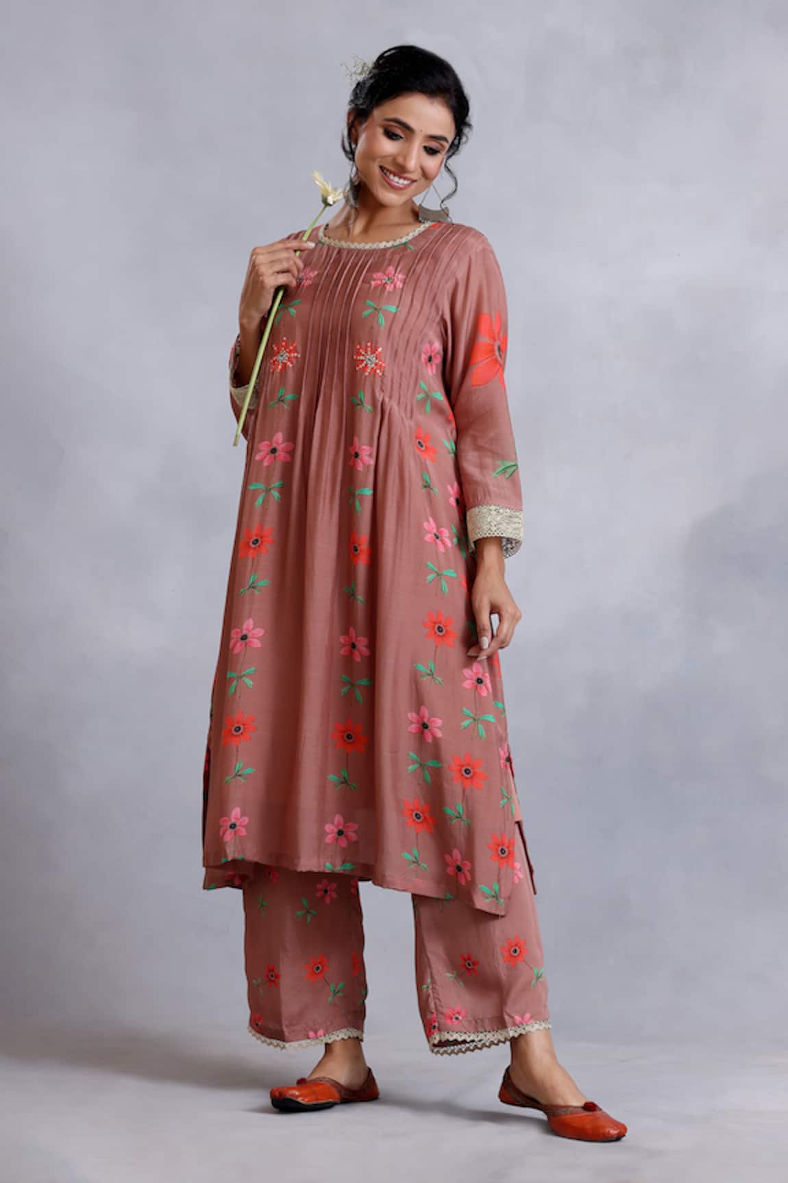 Radhika Jindal Pintucked Floral Pattern Kurta Pant Set