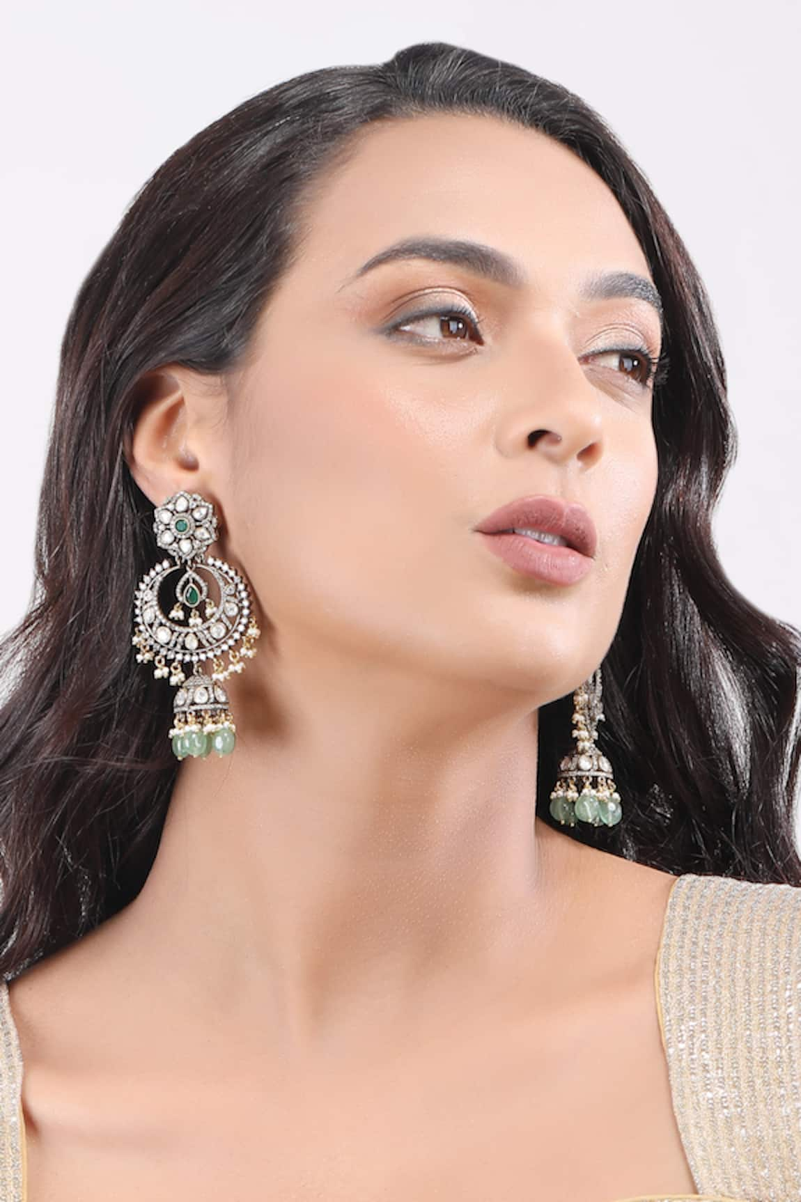 Auraa Trends Stone Embellished Phool Chandbali Jhumkas