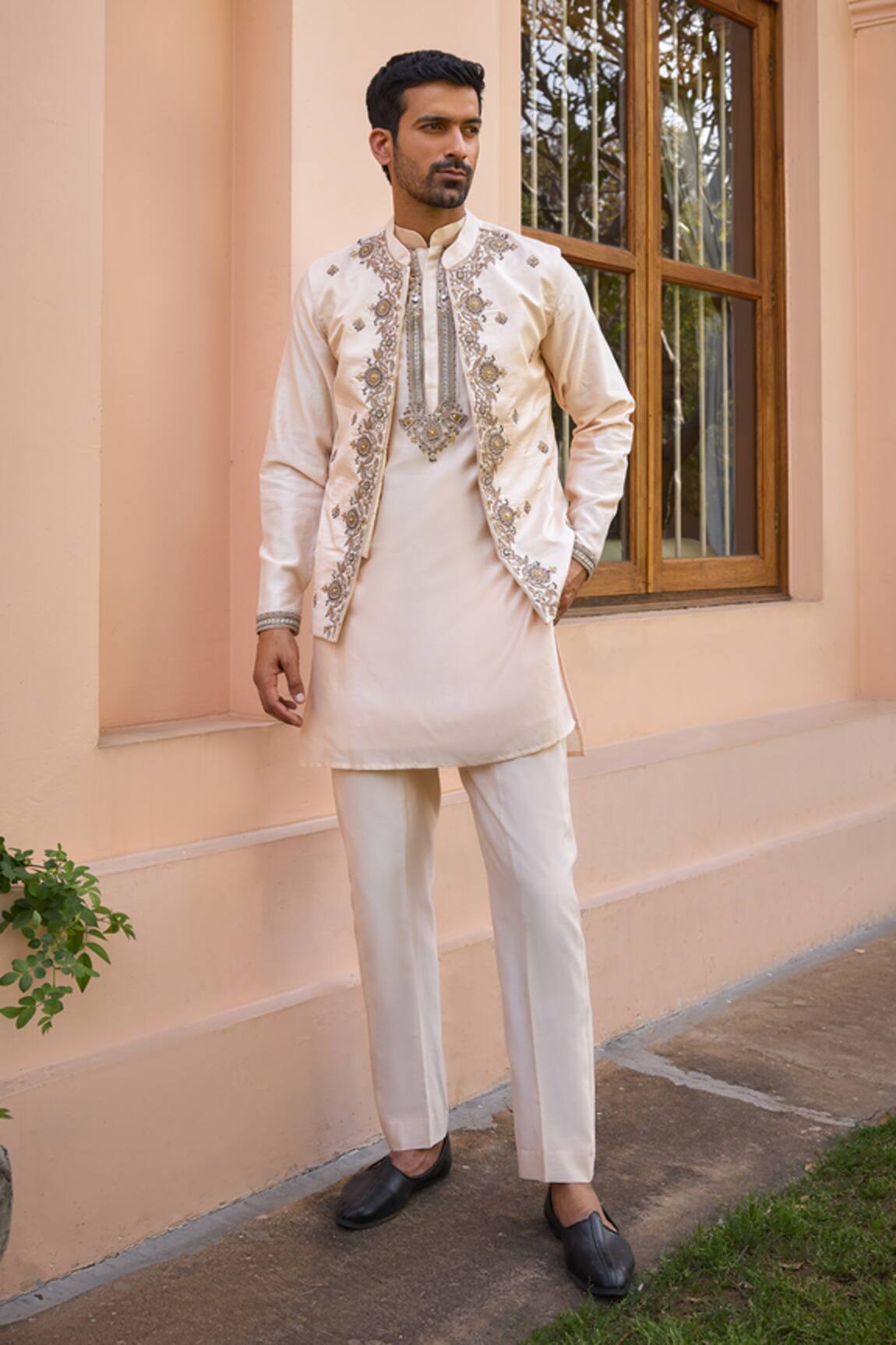 Isha Gupta Tayal Beige Chanderi Silk Embroidered Bundi Set 