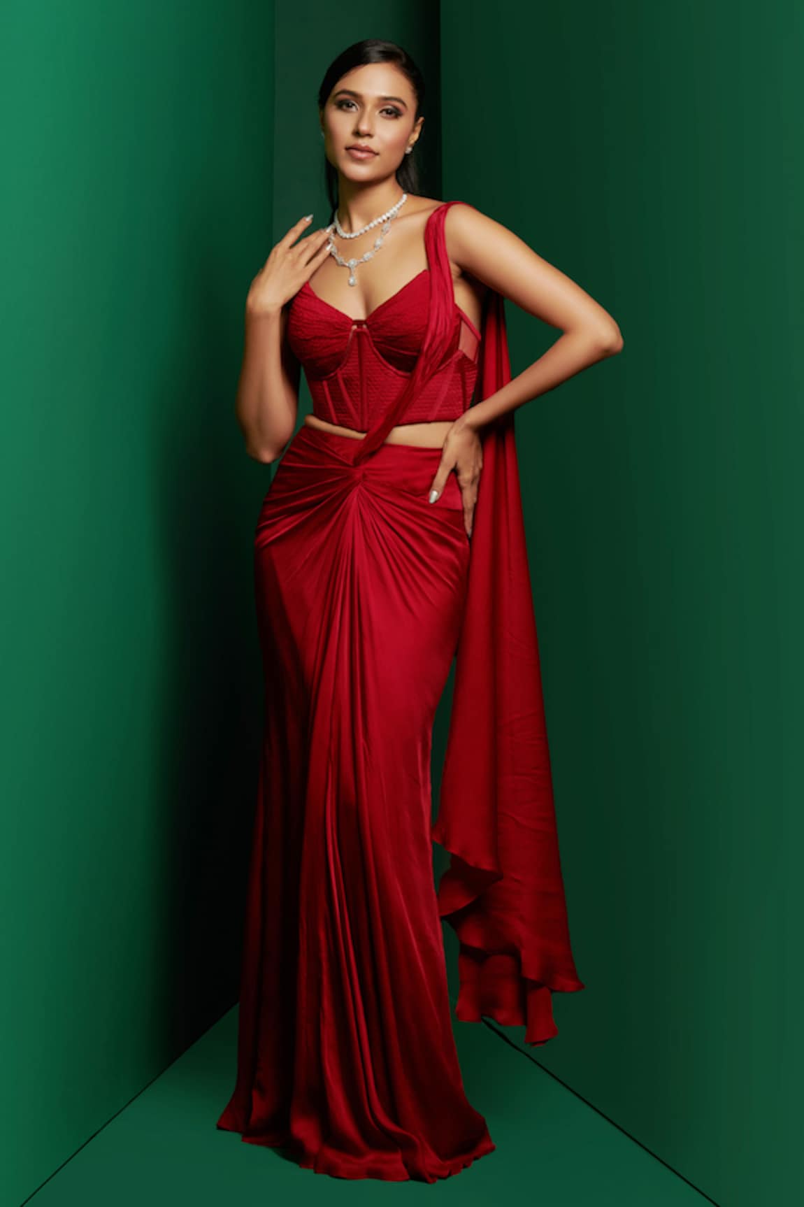 K&A By Karishma and Ashita Solid Pre-Draped Saree Pleated Corset Set