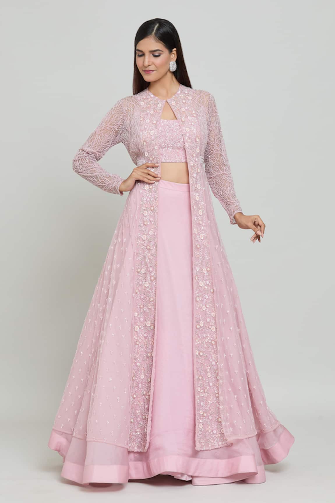 COUTURE BY NIHARIKA Floral Bead & Cutdana Embroidered Cape Skirt Set