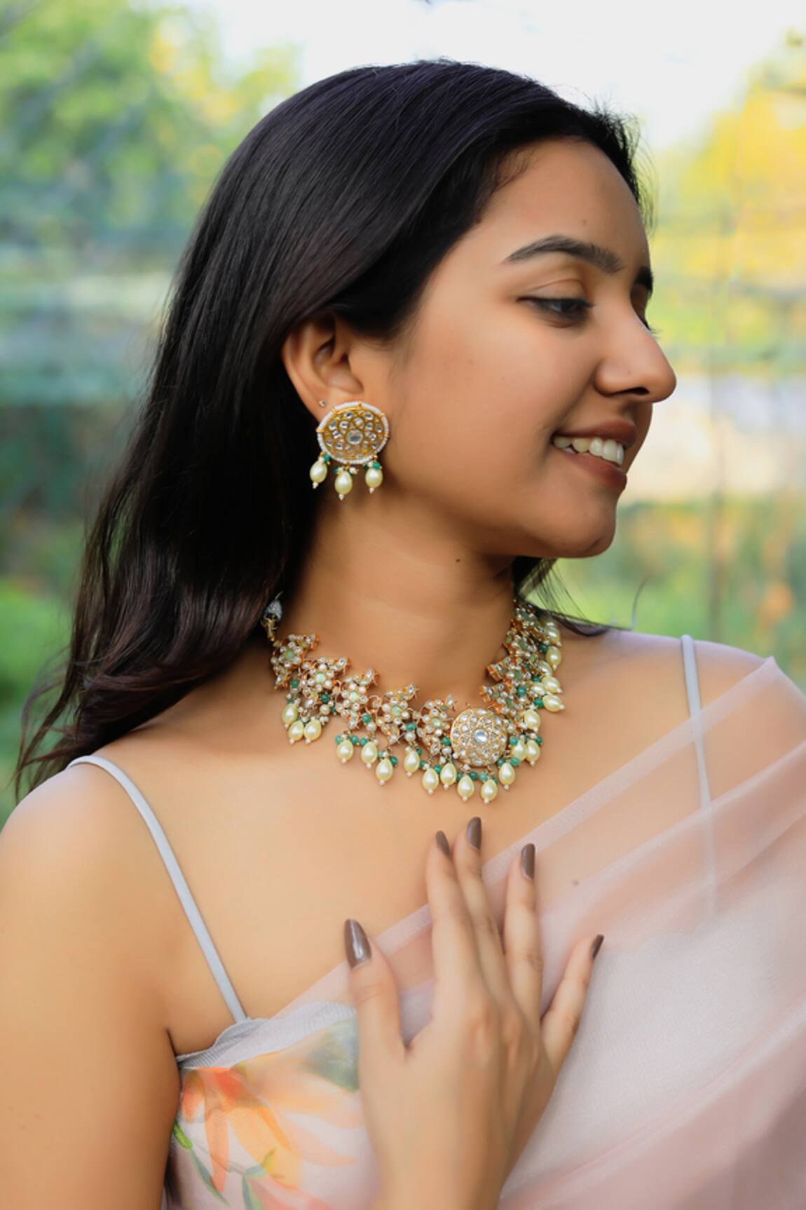 Riana Jewellery Rice Pearls Embellished Choker Necklace Set 