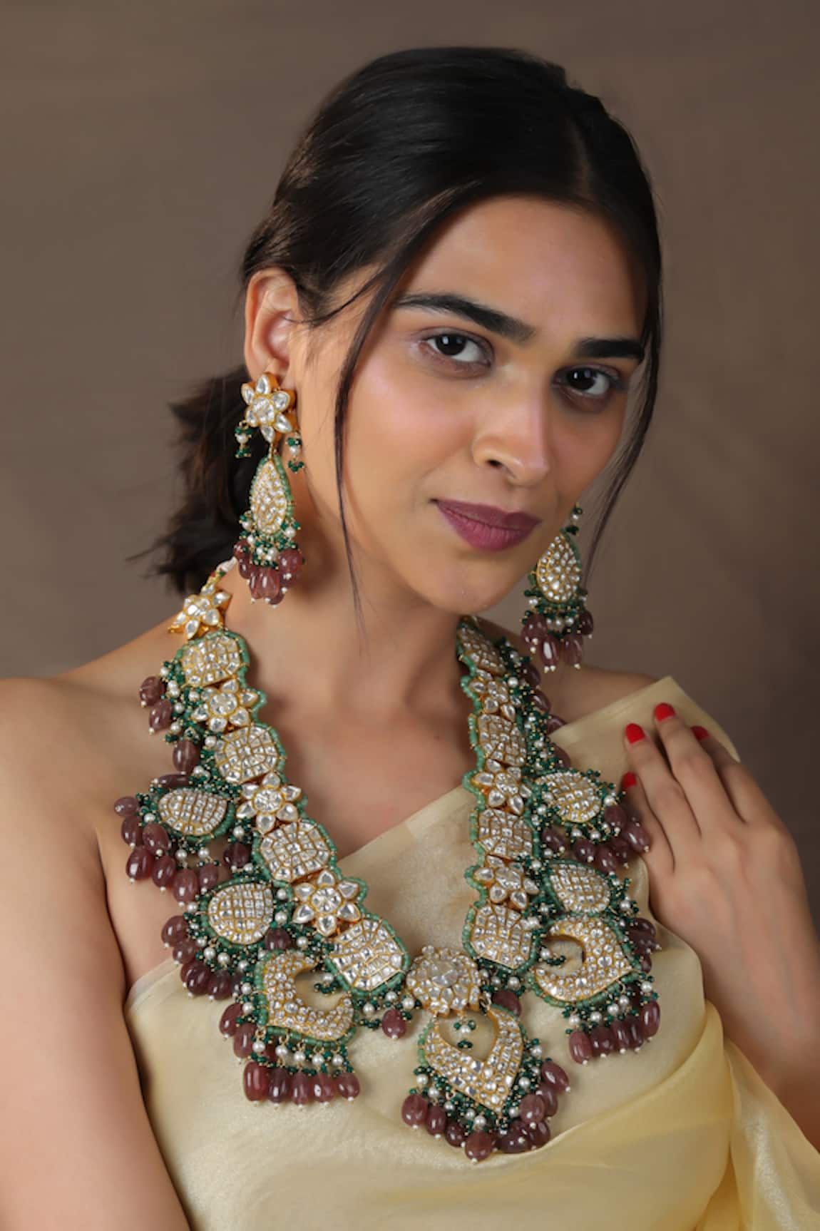 Riana Jewellery Kundan Embellished Long Pendant Necklace Set 
