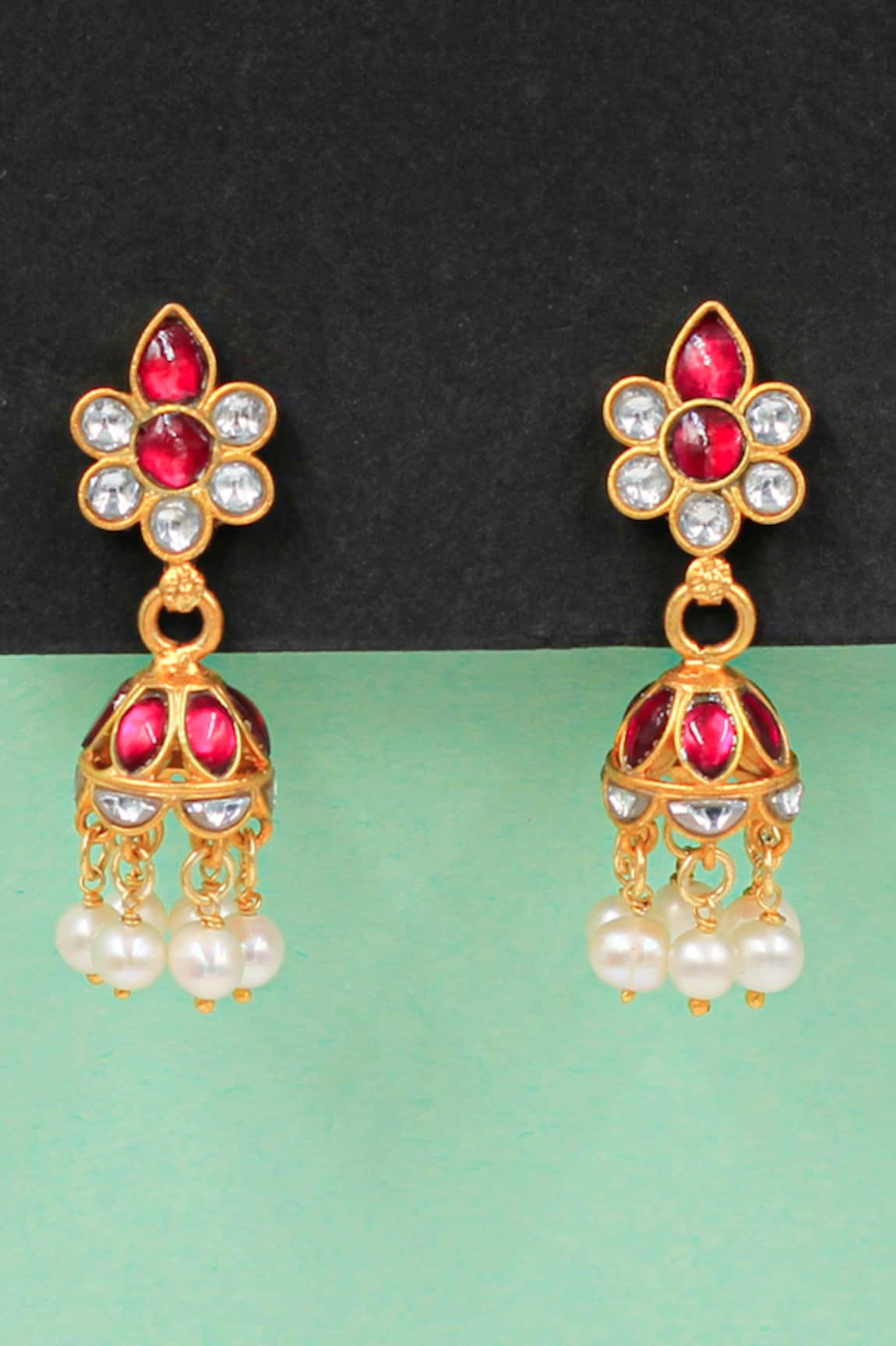 Sangeeta Boochra Kundan Stone Embellished Pearl Drop Jhumkas