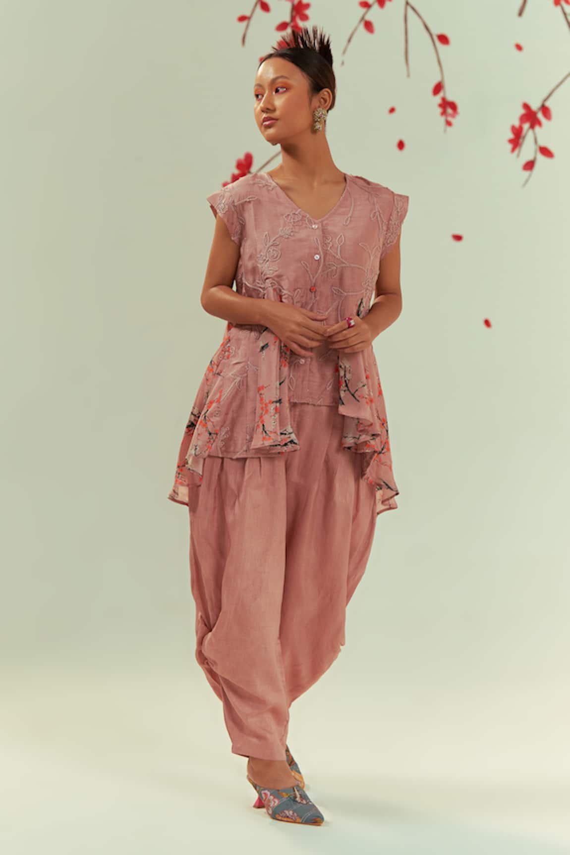 Coeur Mizu Blossom Print & Embroidered Godet Tunic With Gelyu Harem Pant