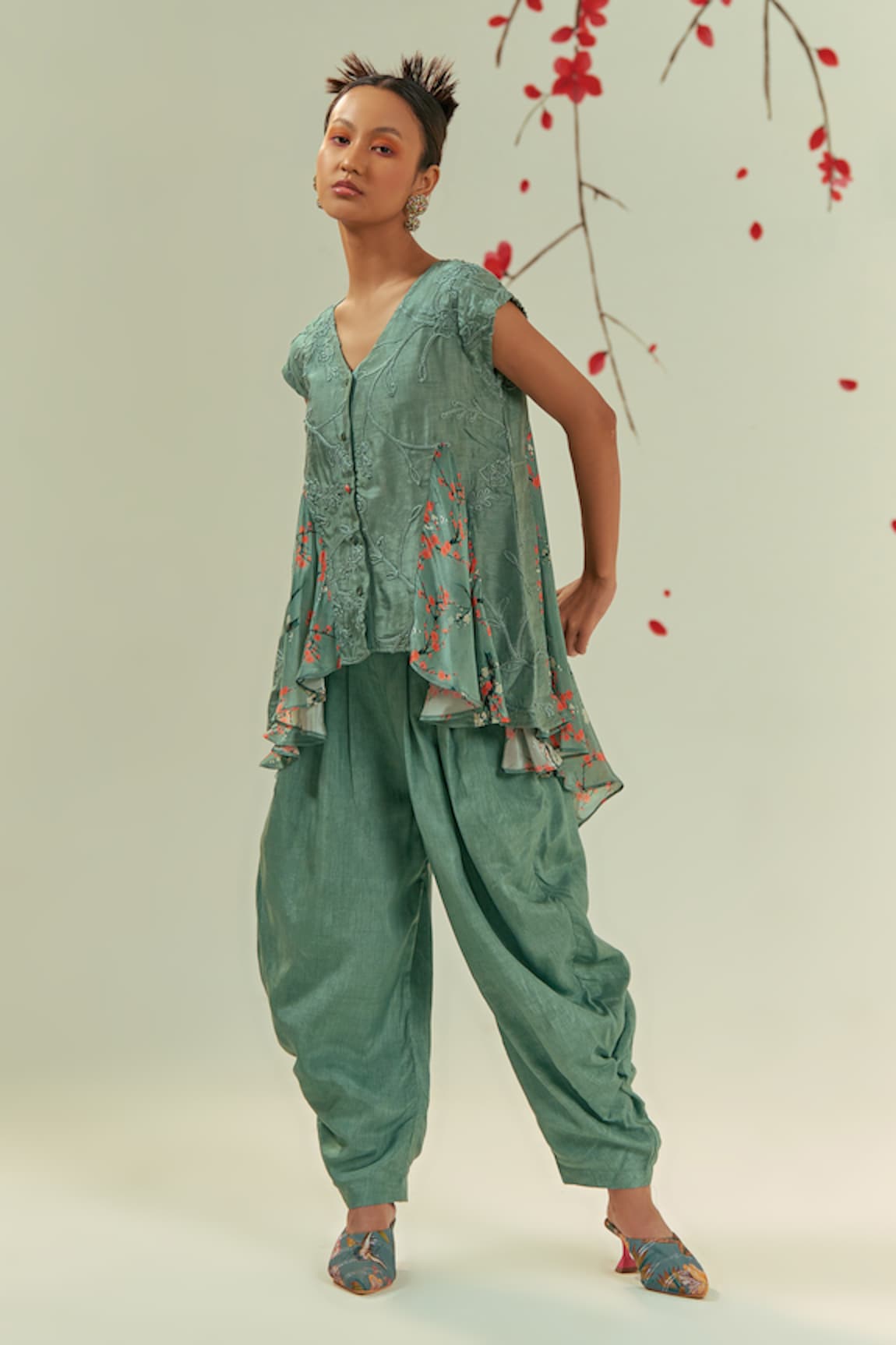 Coeur Kaze Bloom Print & Embroidered Godet Tunic With Gelyu Harem Pant