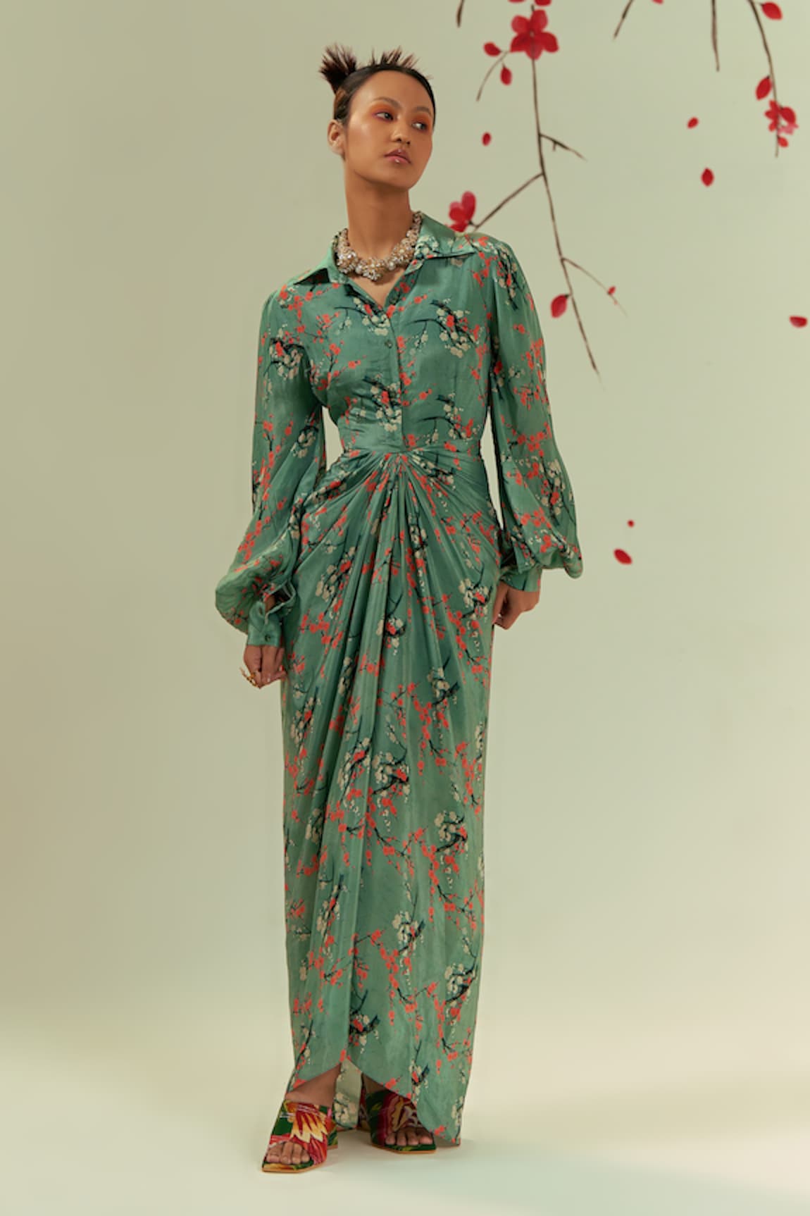 Coeur Kaze Blossom Print Draped Maxi Shirt Dress