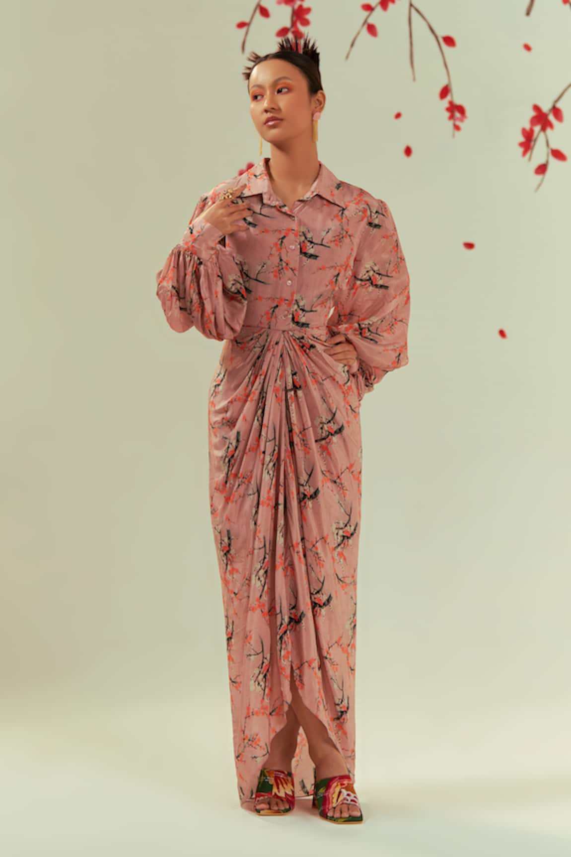 Coeur Mizu Bloom Print Draped Maxi Shirt Dress