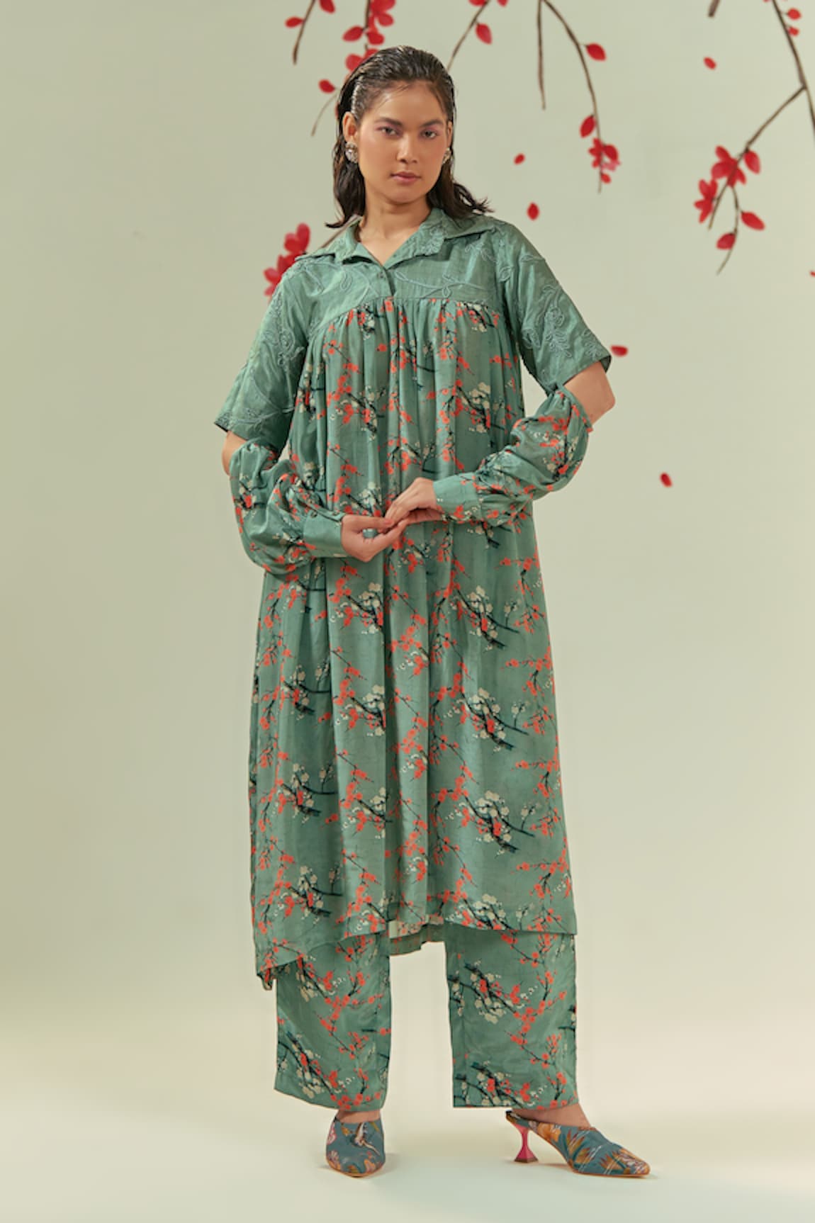 Coeur Kaze Floral Print Gathered Tunic With Pant