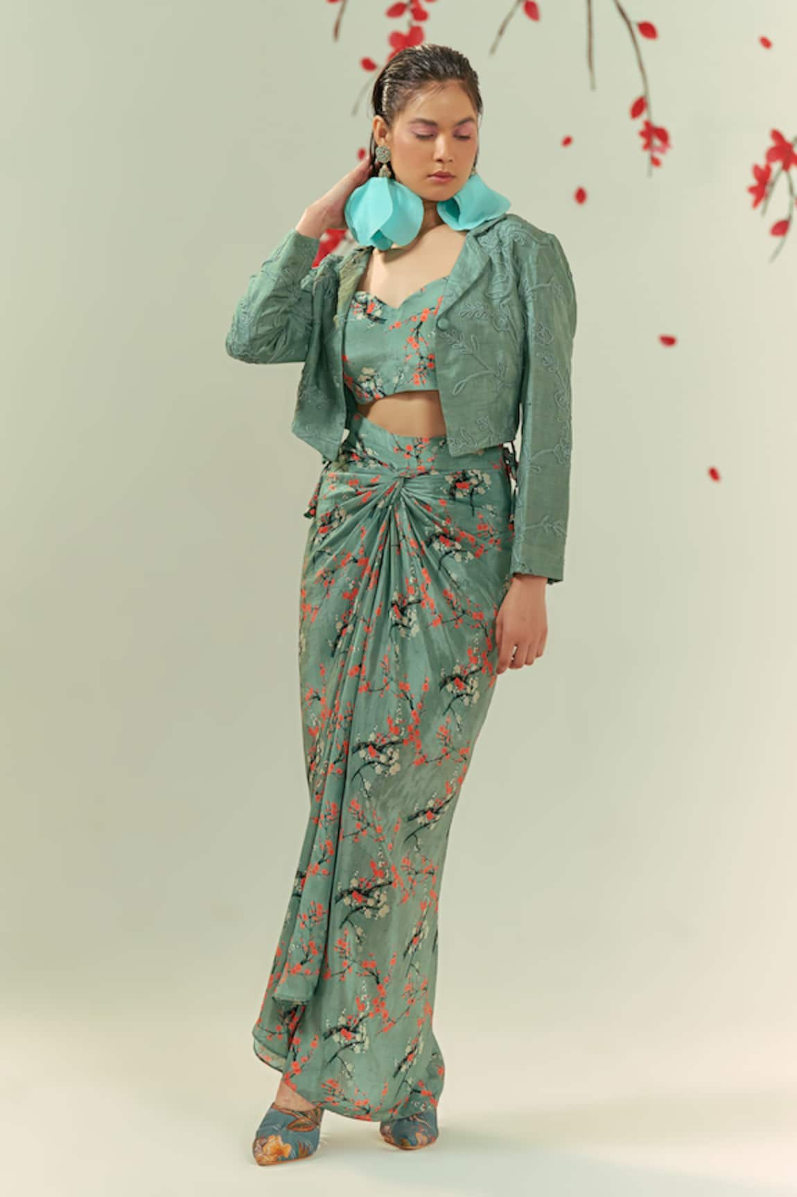 Coeur Kaze Bloom Embroidered Crop Blazer Draped Skirt Set