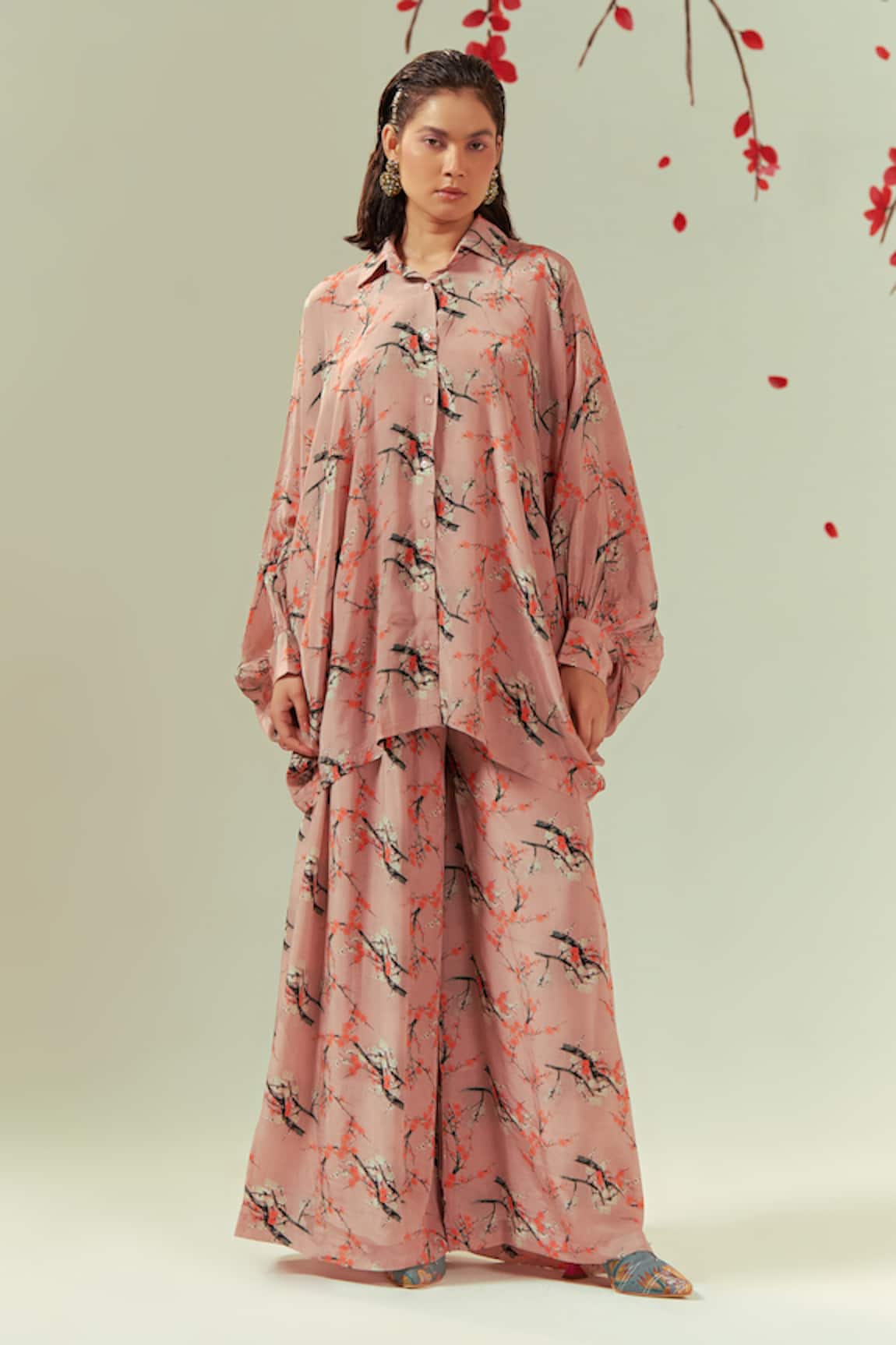 Coeur Mizu Bloomy Print Oversized Shirt With Flared Pant