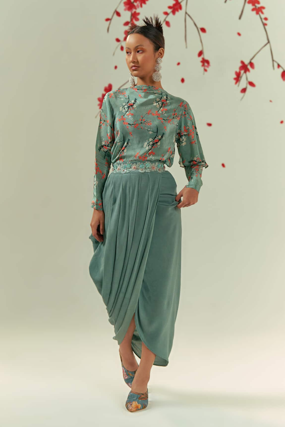 Coeur Kaze Gardenia Print Top With Pleated Draped Skirt