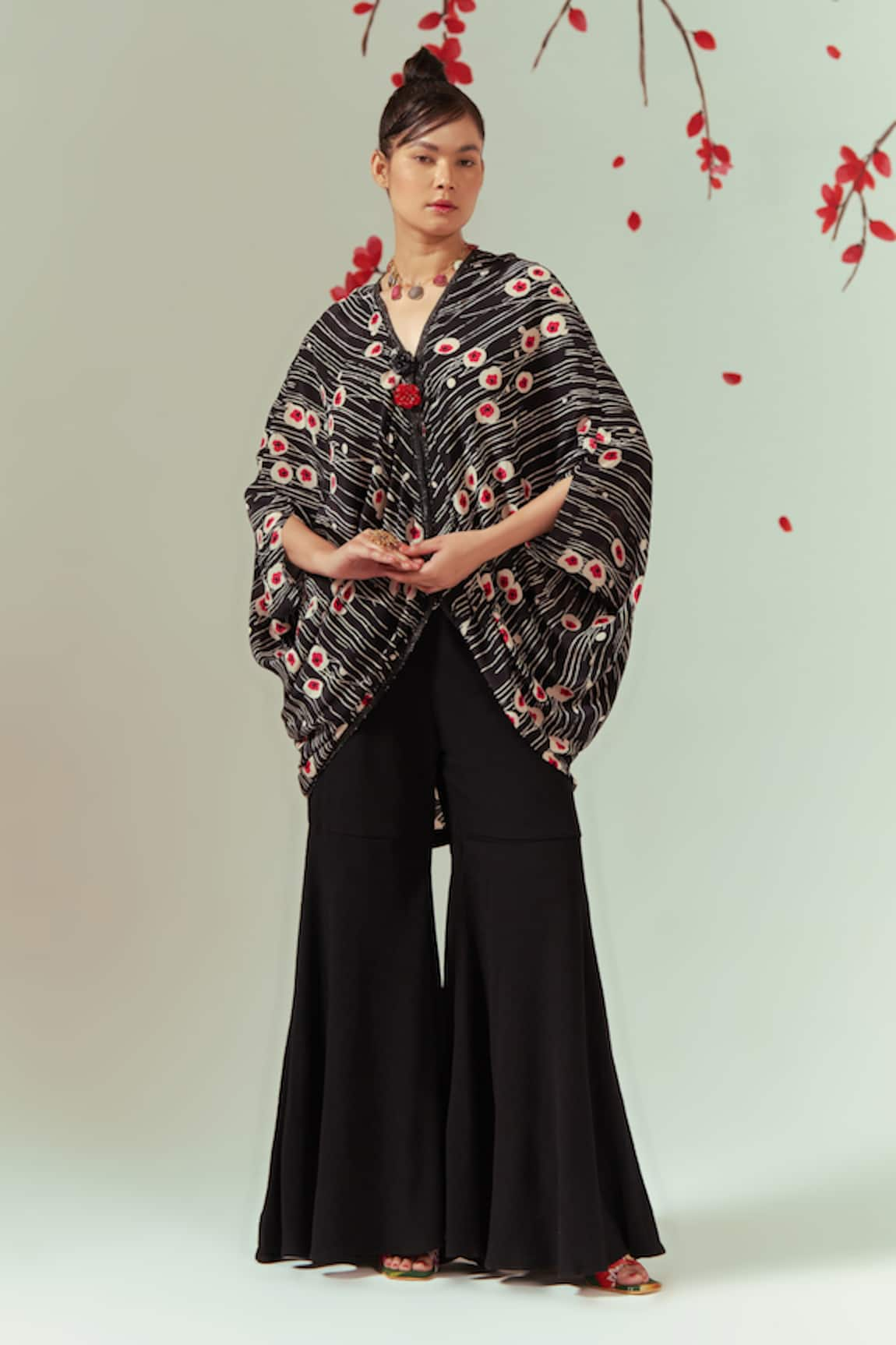 Coeur Sakura Blossom Print Cape Top With Sharara Pant