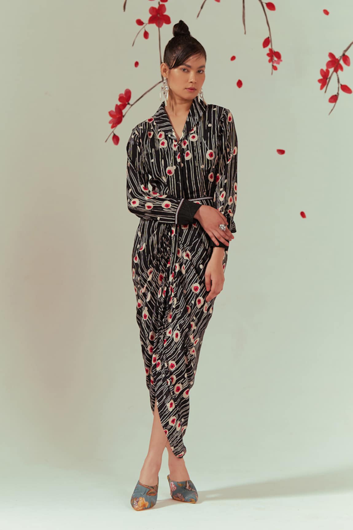 Coeur Sakura Blossom Print Draped Shirt Dress