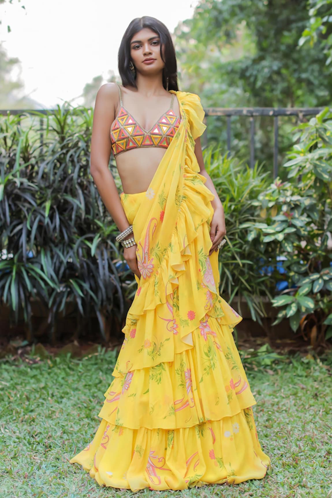 Foram Patel Printed Ruffle Pre-Draped Saree With Embroidered Blouse