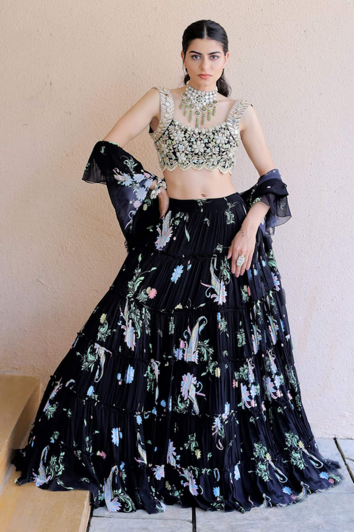 Foram Patel Black Printed Tiered Lehenga Set