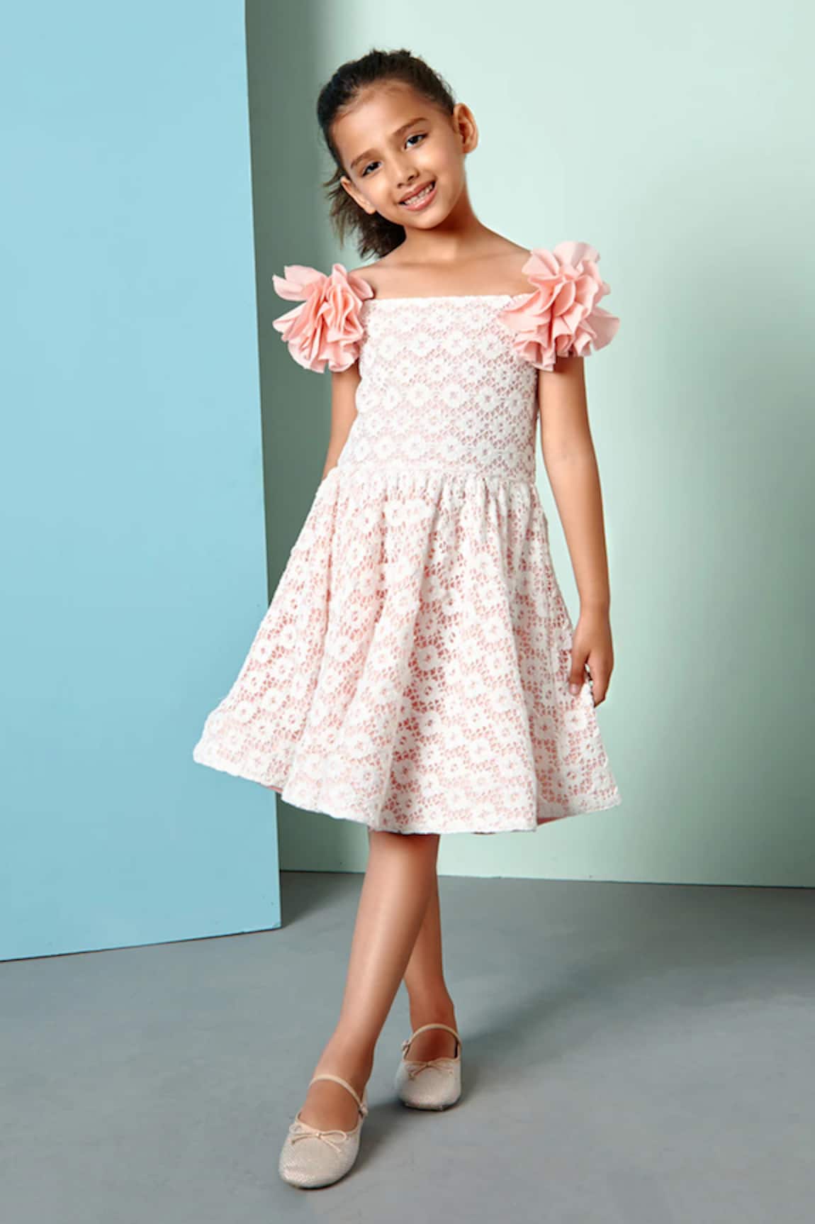 PNK Isha Arora (Pink) Floral Crochet Off Shoulder Dress