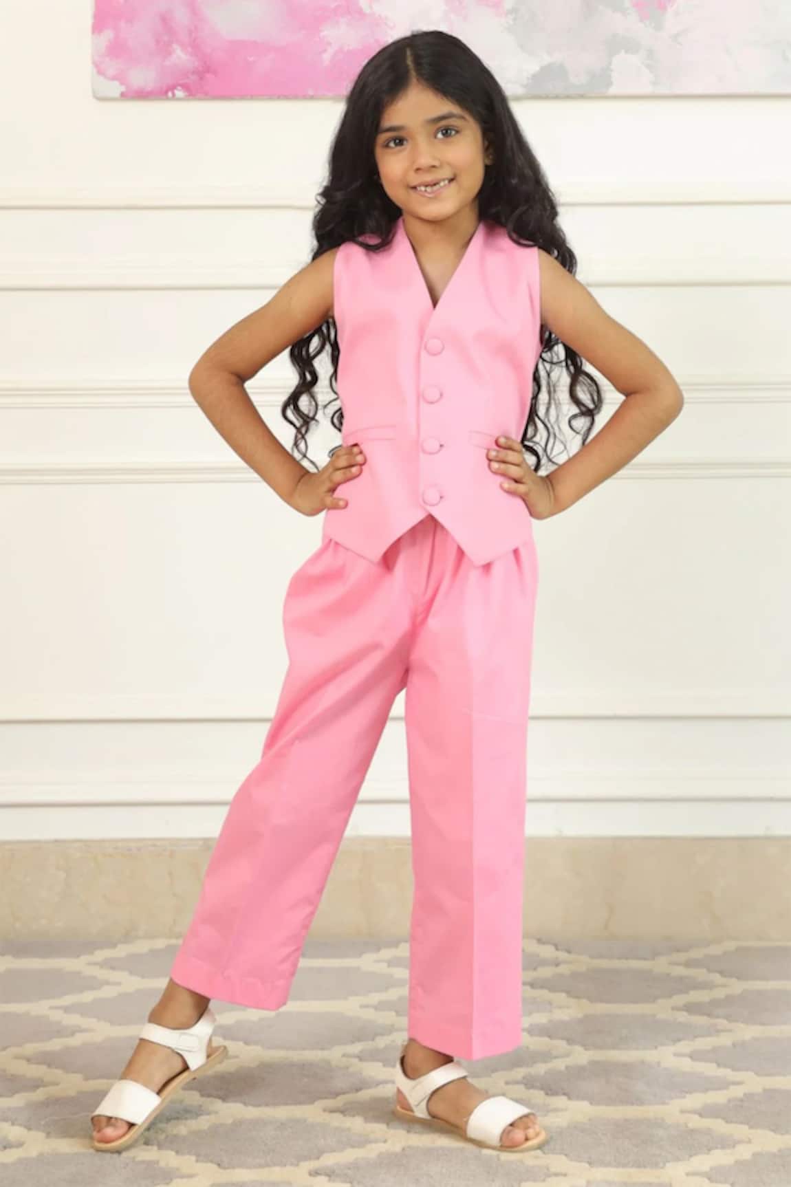 PNK Isha Arora (Pink) Solid Front Pocket Waist Jacket With Pant
