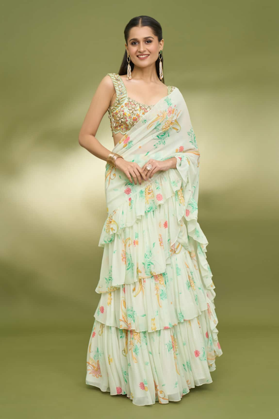 Foram Patel Printed Ruffle Pre-Draped Saree With Embroidered Blouse