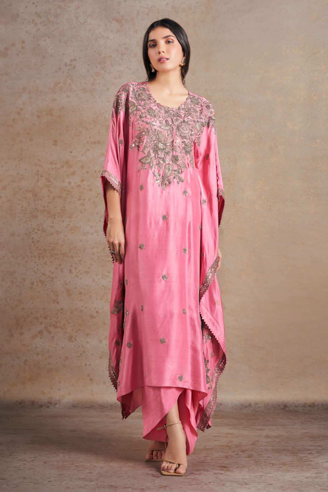 Stotram Silk Floral Embroidered Kaftan With Draped Skirt