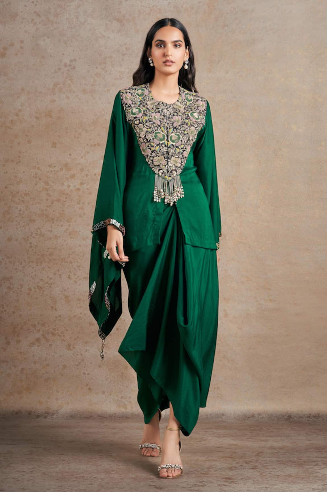 Stotram Silk Blossom Embroidered Short Kaftan With Draped Skirt