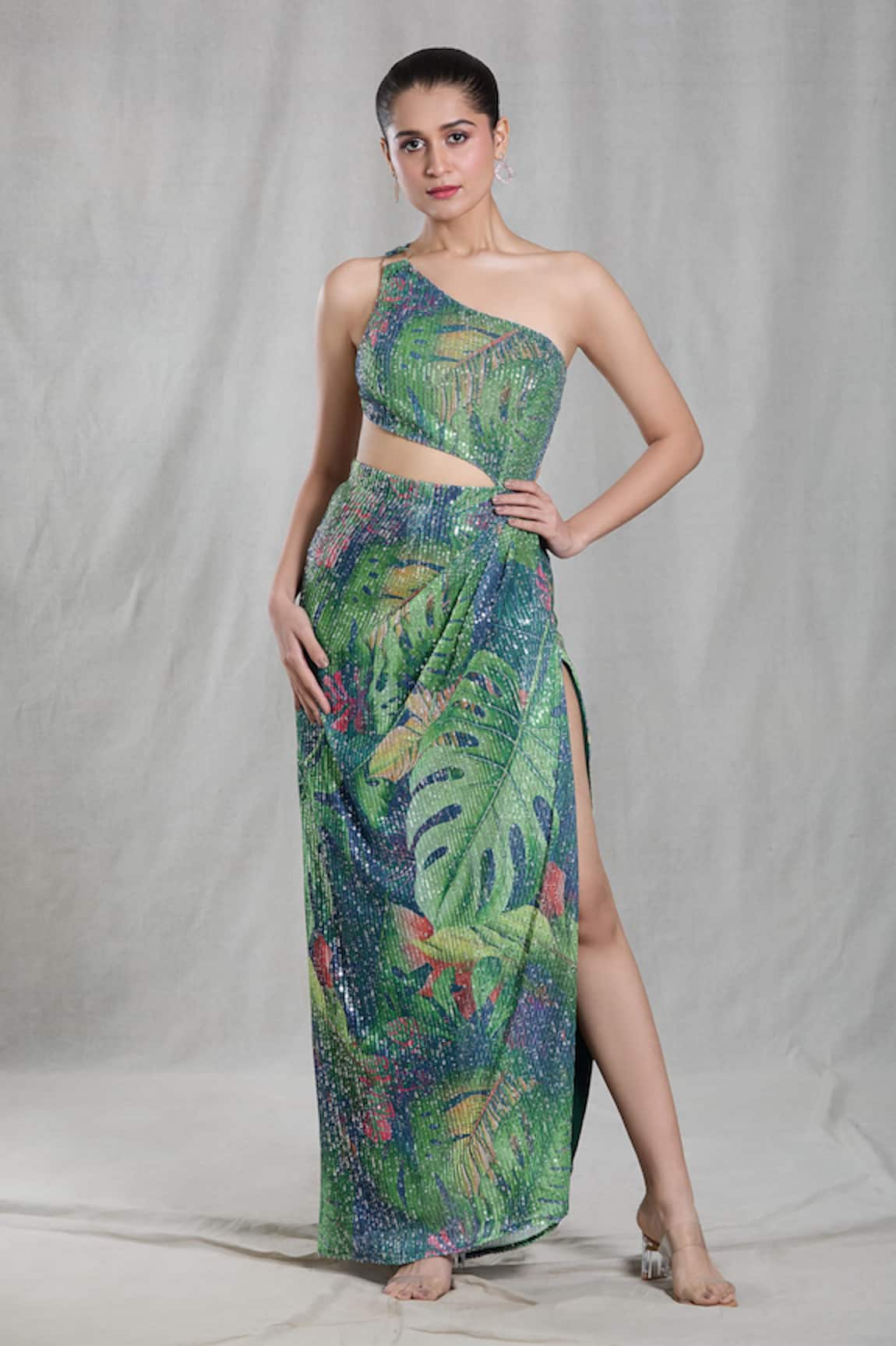 Naintara Bajaj Tropical Print Cutout Sequin Dress