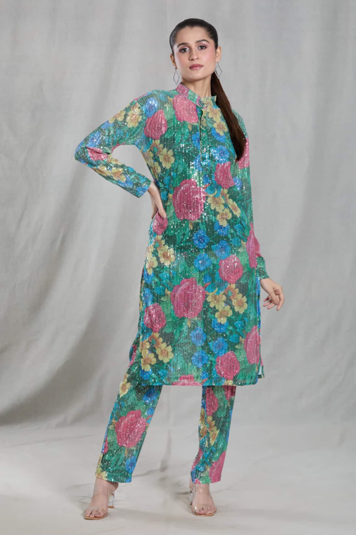 Naintara Bajaj Floral Print Long Shirt Tunic & Pant Co-ord Set