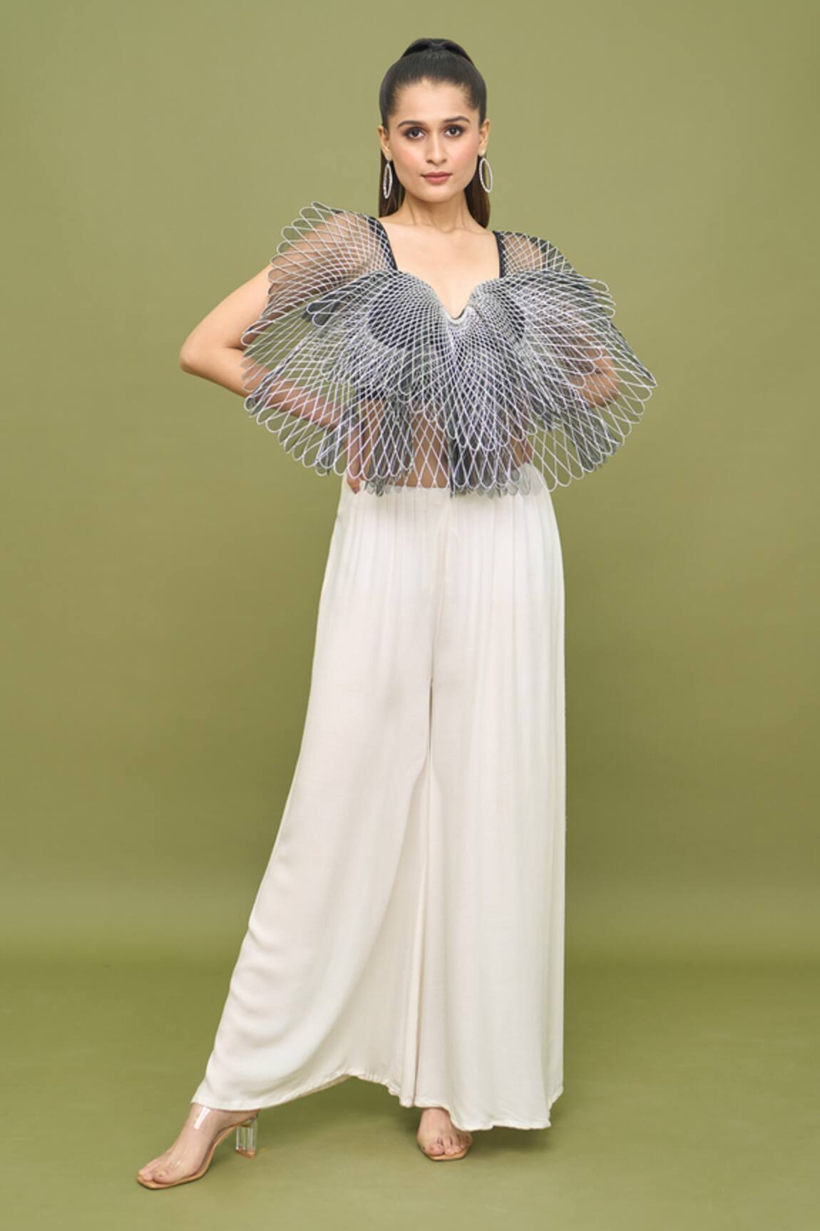 Amit Aggarwal Butterfly Applique Work Crop Top & Flared Pant Set