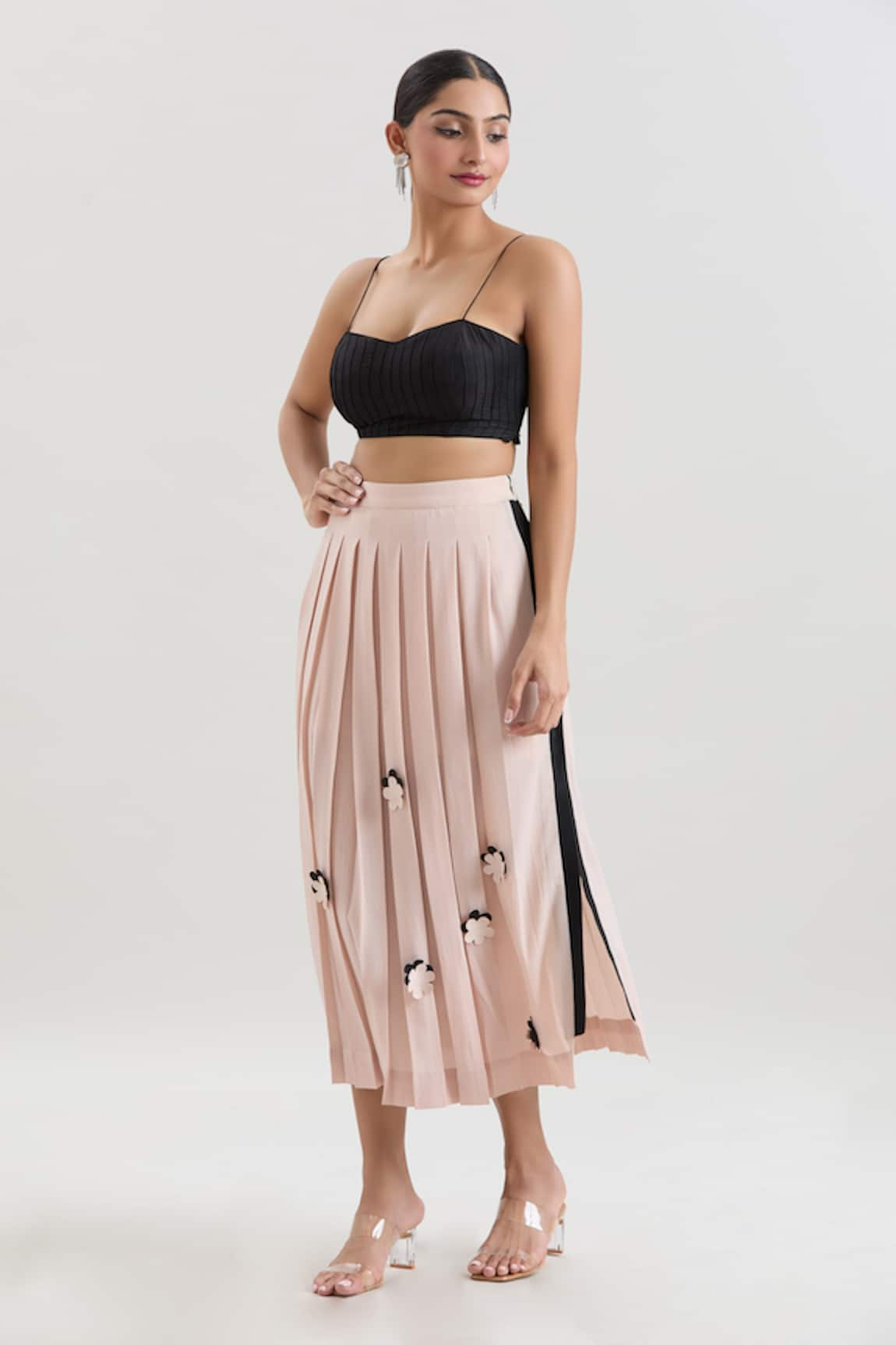 House of Behram Floral Applique Pleated Midi Skirt