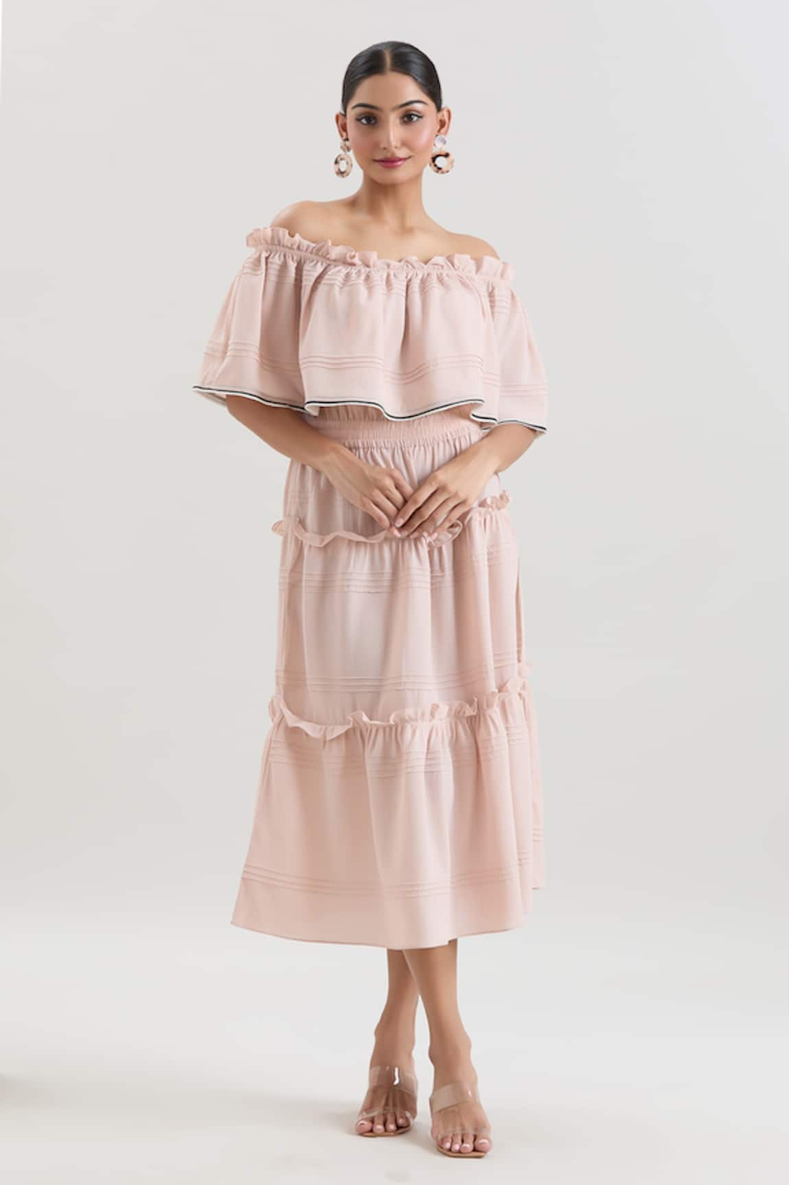 House of Behram Off Shoulder Ruffled Midi Dress