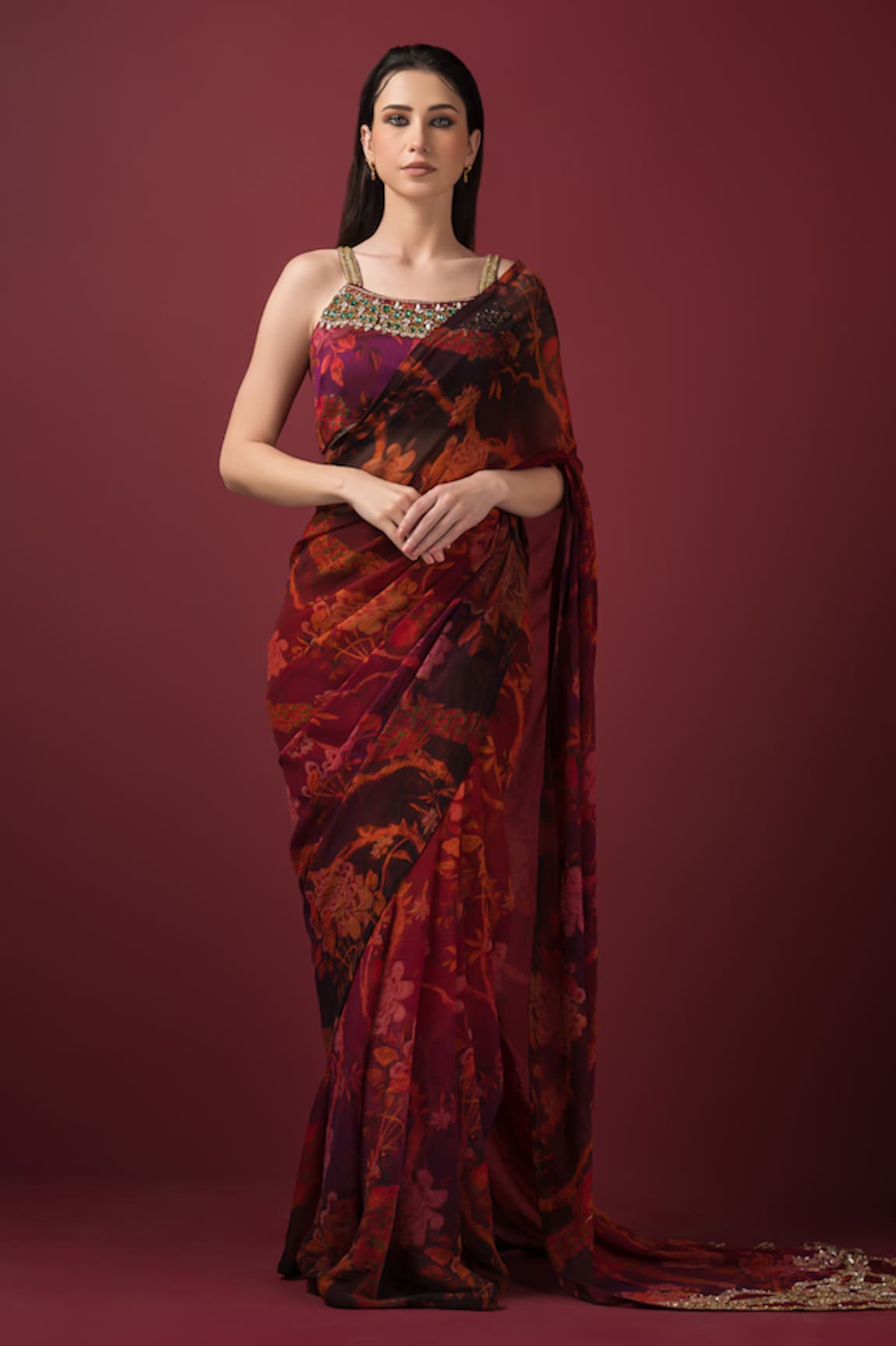 SONIA BADERIA Floral Print Embroidered Saree with Blouse