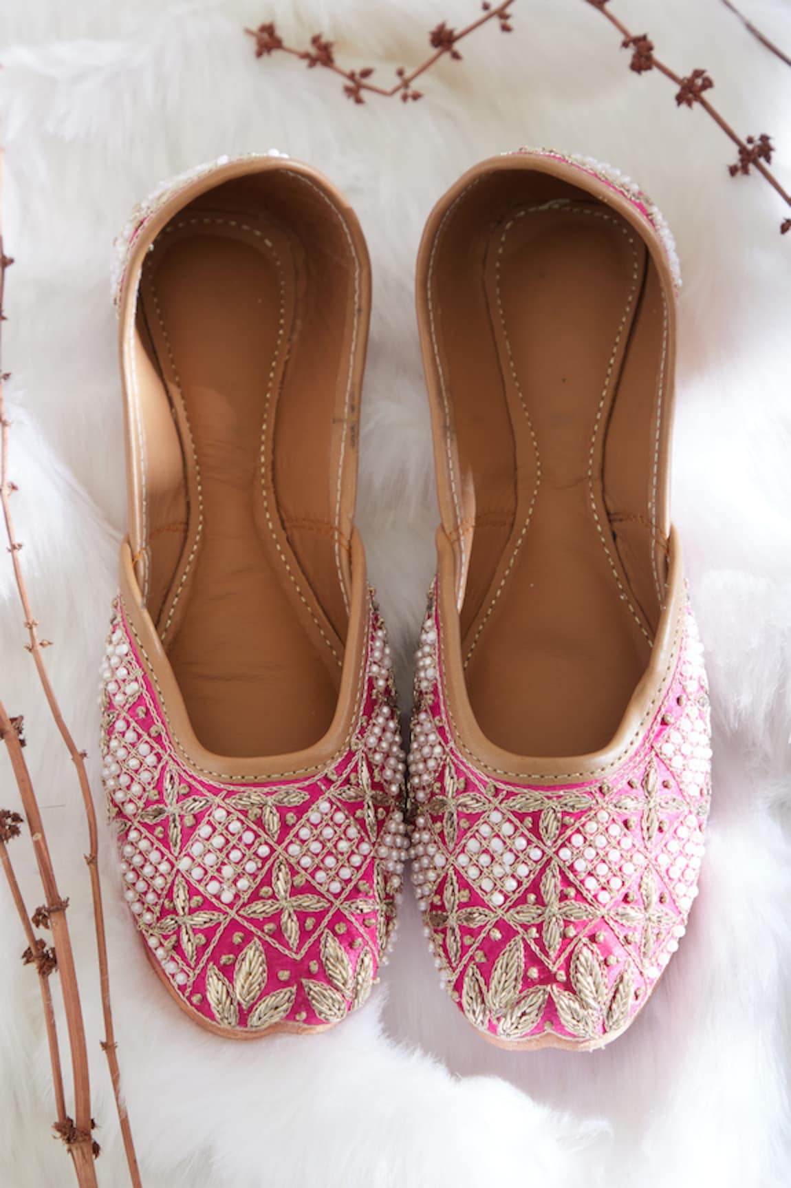 House of Kosha Kesariya Pearl Hand Embroidered Leather Juttis