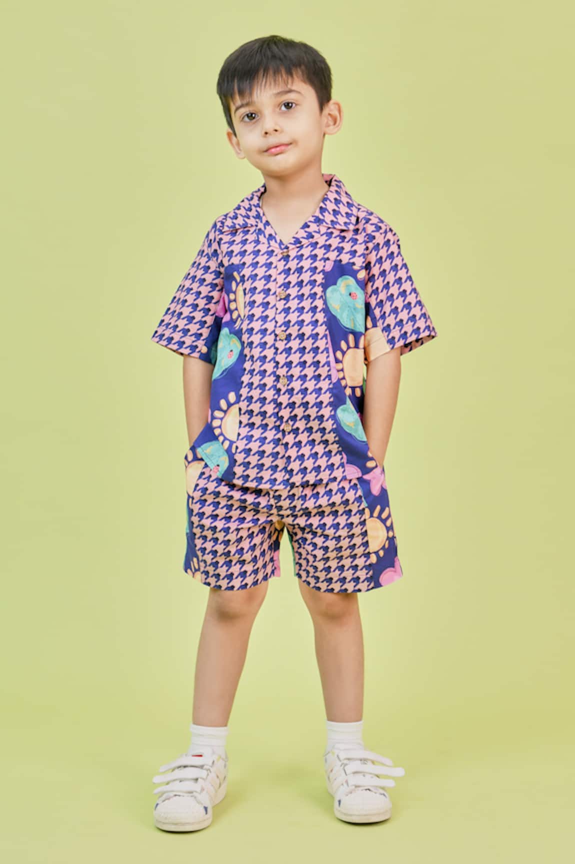 Little Shiro Feeling Houndstooth Print Shirt With Shorts
