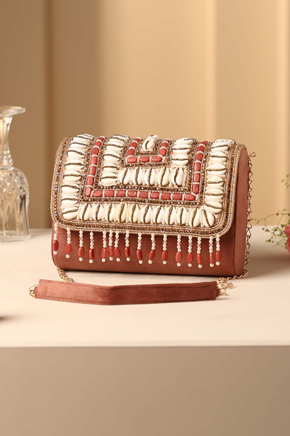 SWABHIMANN Boho Cowrie Shell & Bead Embellished Handbag