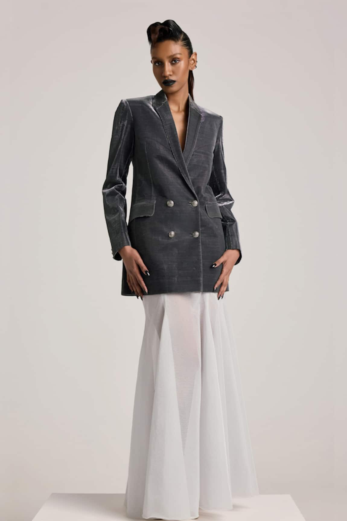 AKHL Solid Double-Breasted Blazer & Skirt Set