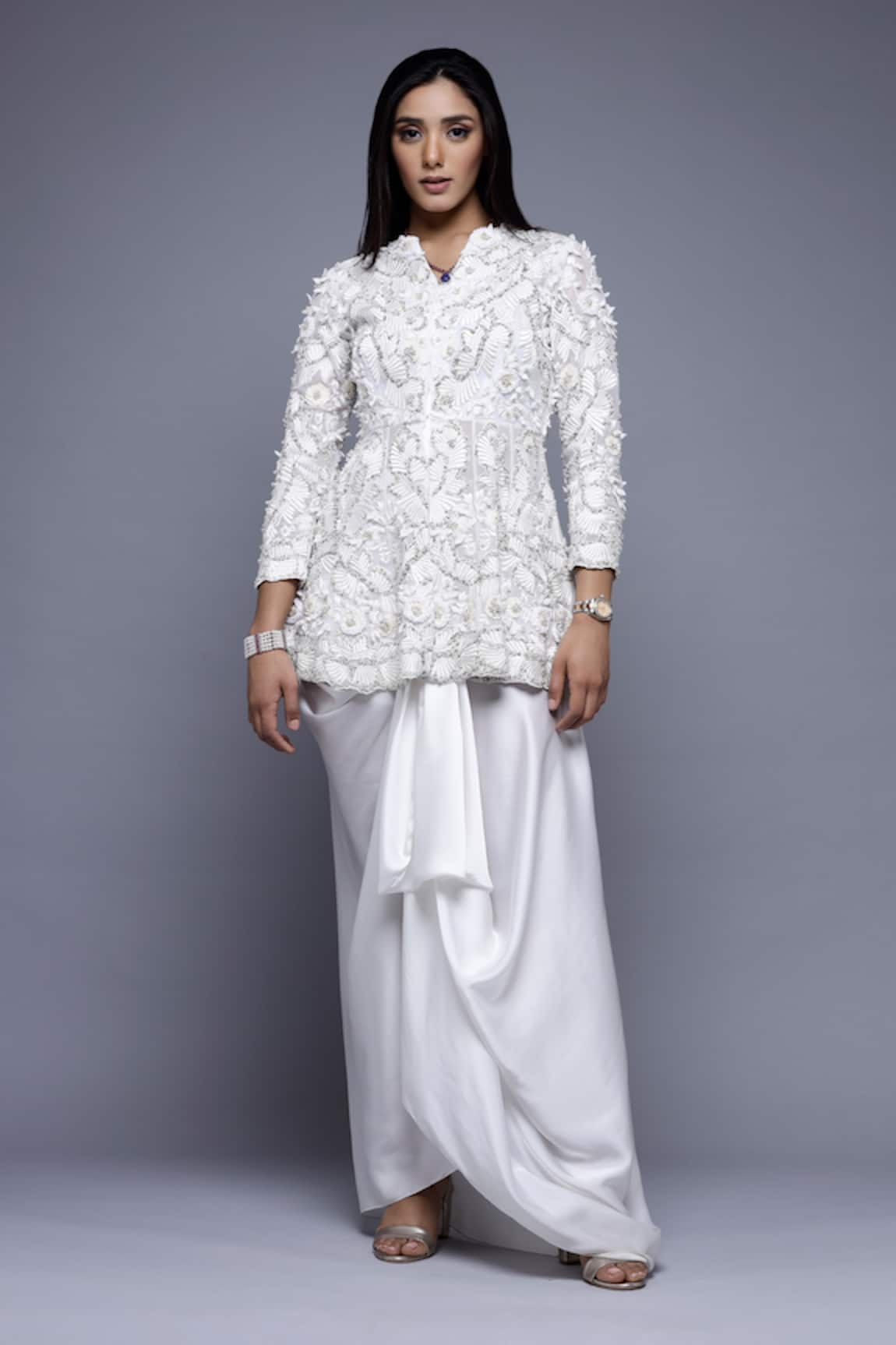 Sonali Gupta Embroidered Peplum Top & Draped Skirt Set