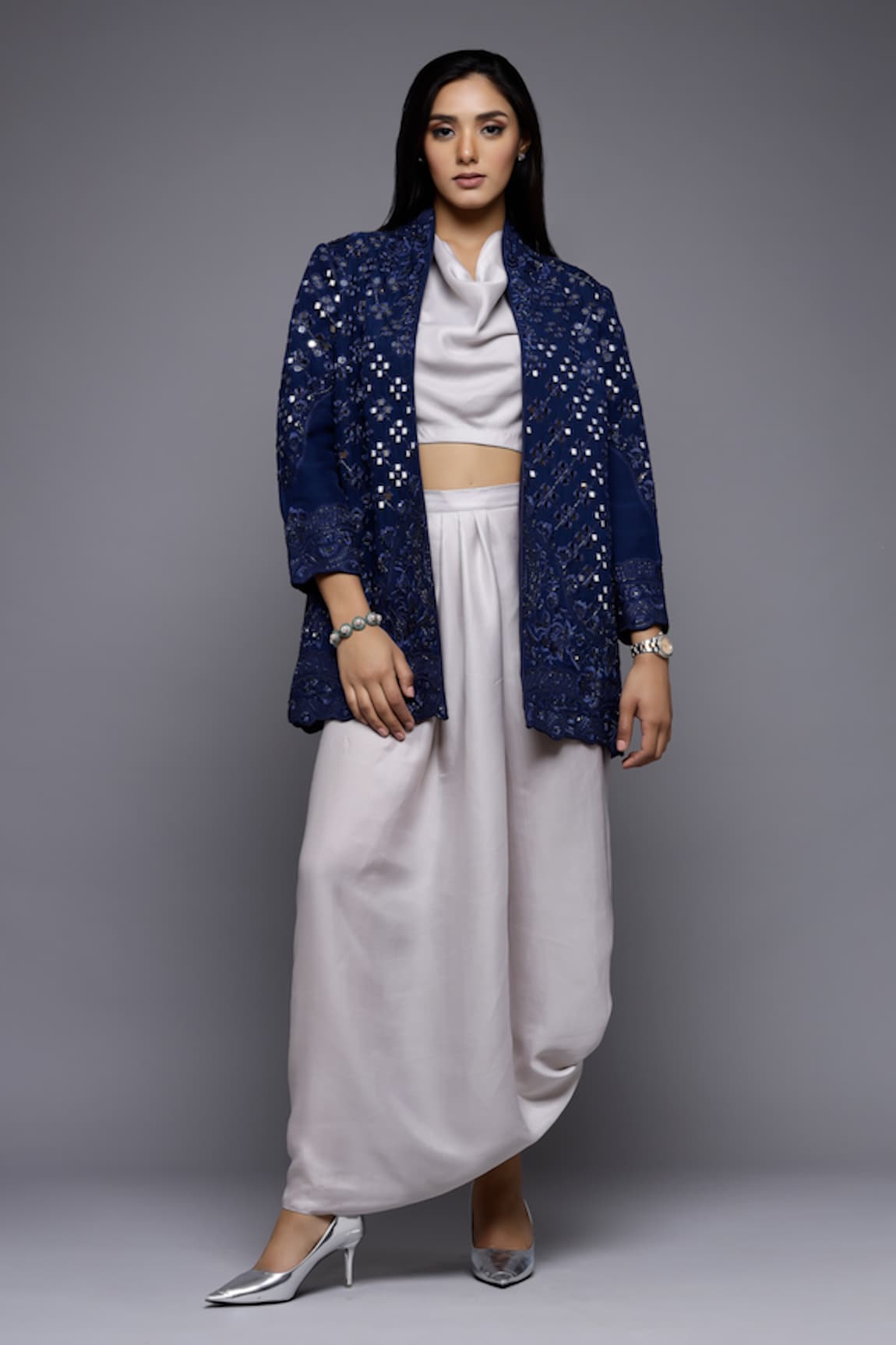 Sonali Gupta Mirror Embroidered Jacket & Draped Skirt Set