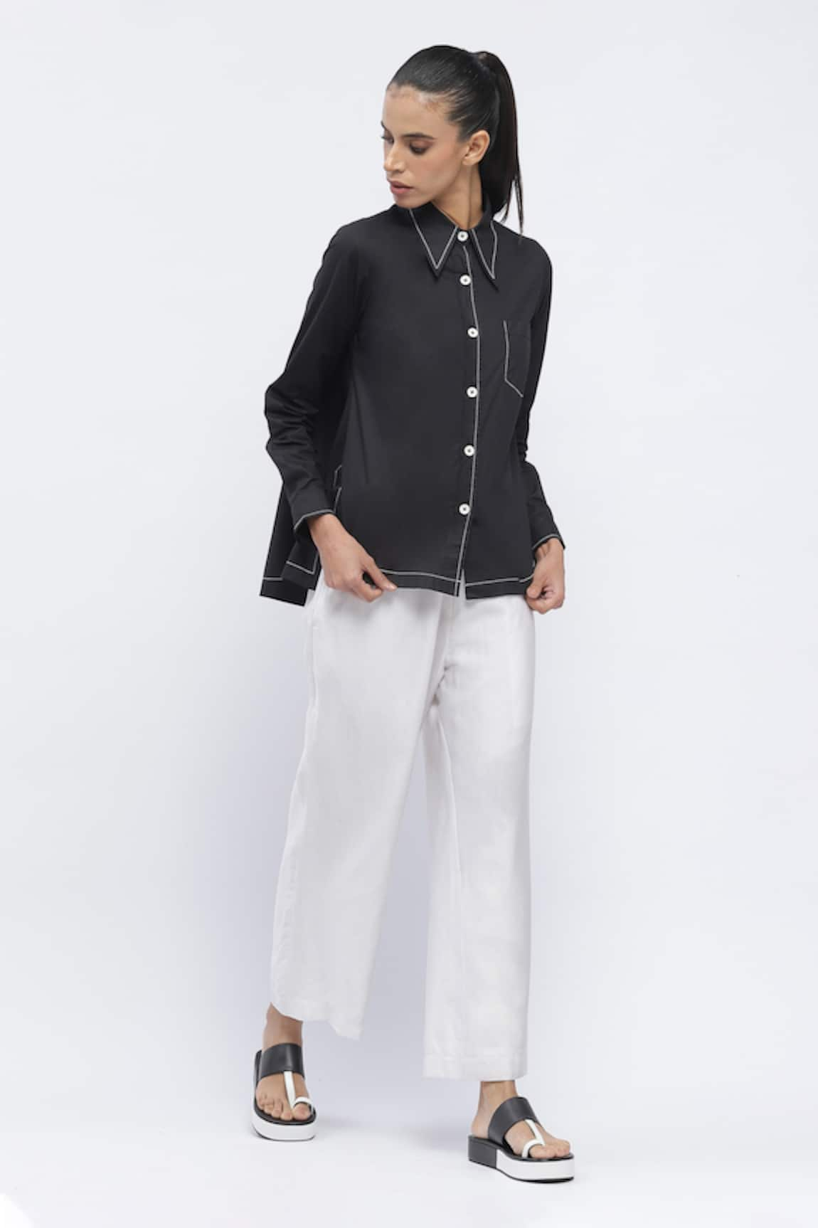 Abraham & Thakore Contrast Thread Work Asymmetric Shirt