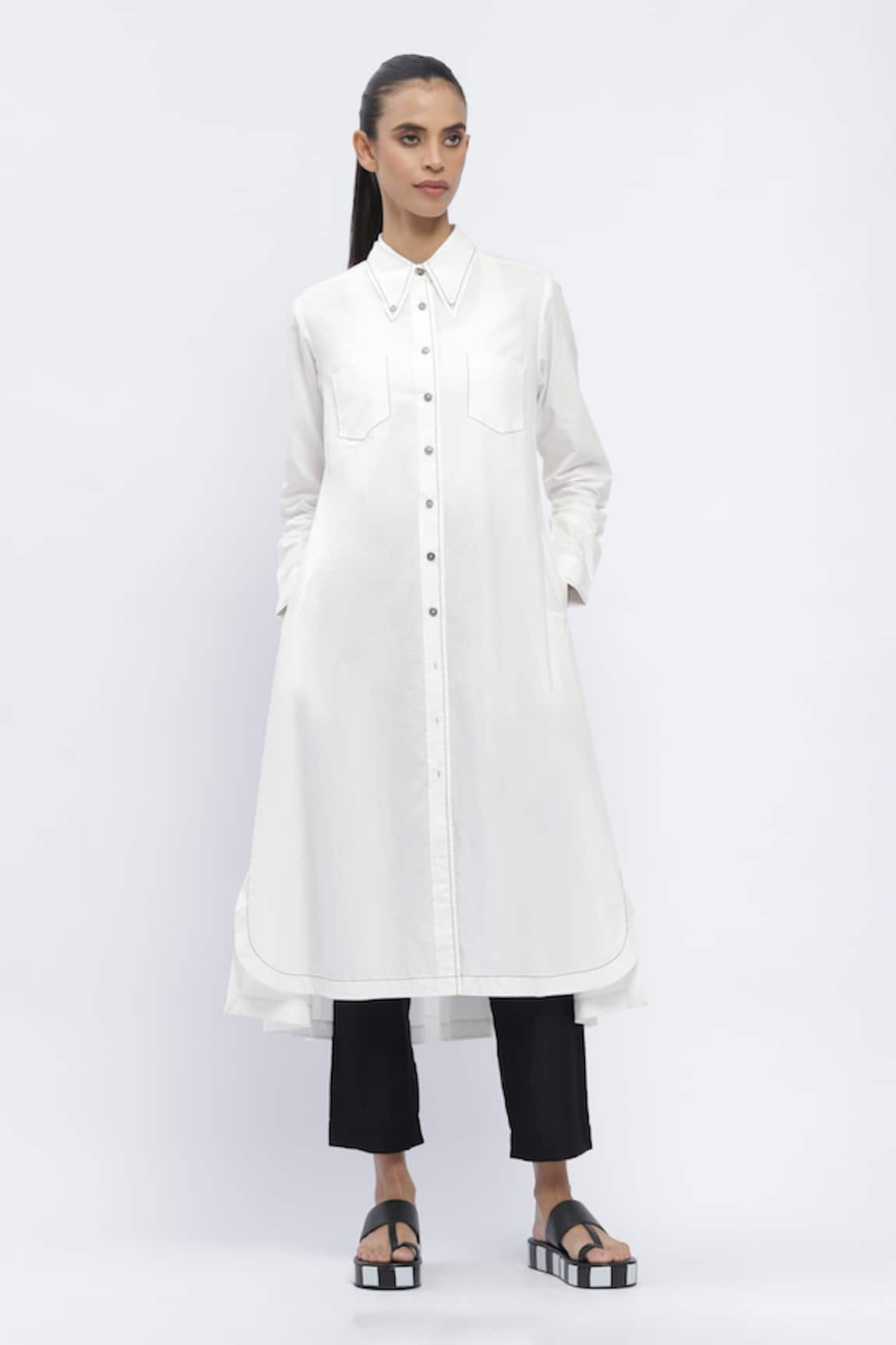 Abraham & Thakore Contrast Thread Work Asymmetric Long Shirt