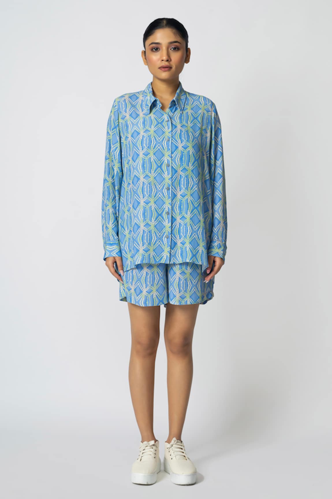 KLAD Rhombus Print Collared Shirt & Shorts Set