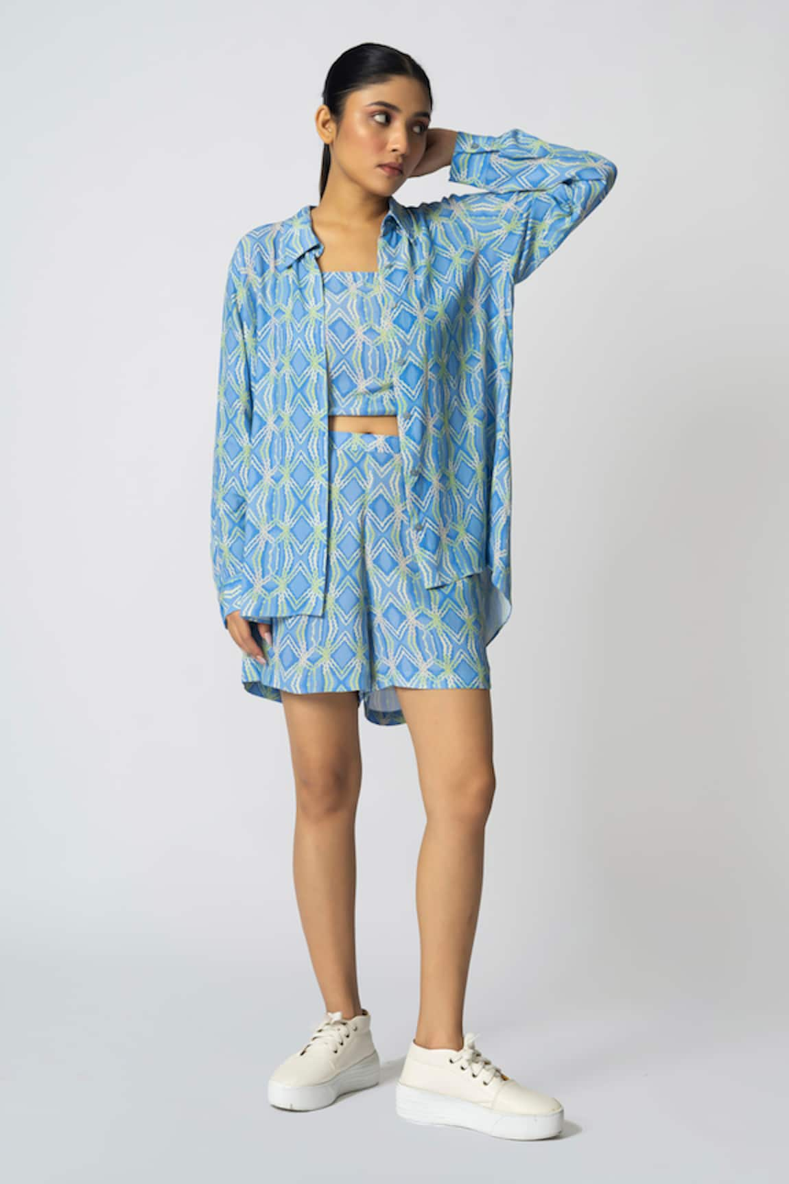 KLAD Rhombus Print Collared Shirt Shorts Set